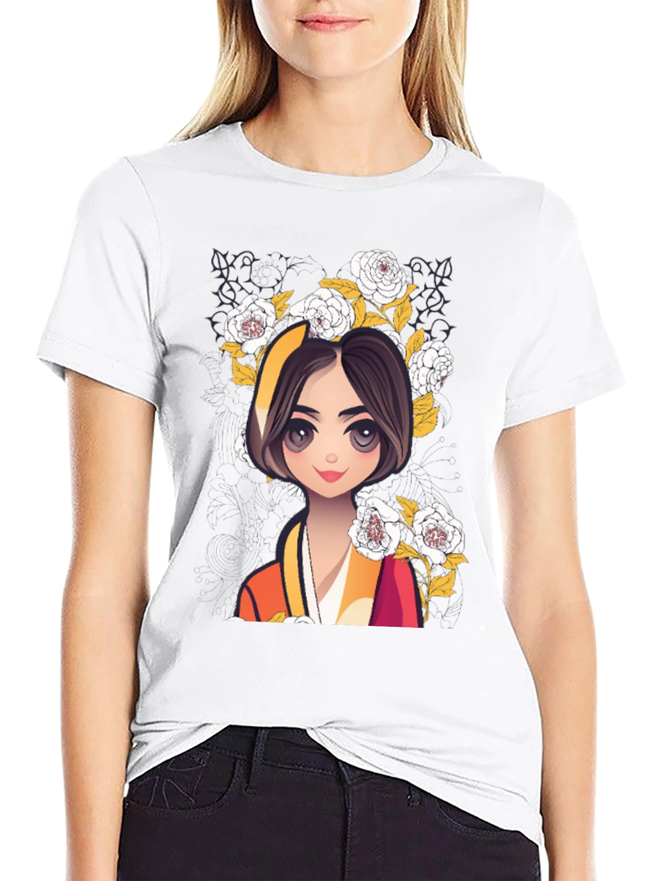 Anime Girl Floral T-Shirt
