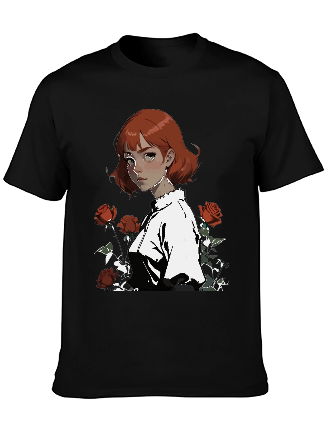 Anime Girl & Roses Graphic Black Tee
