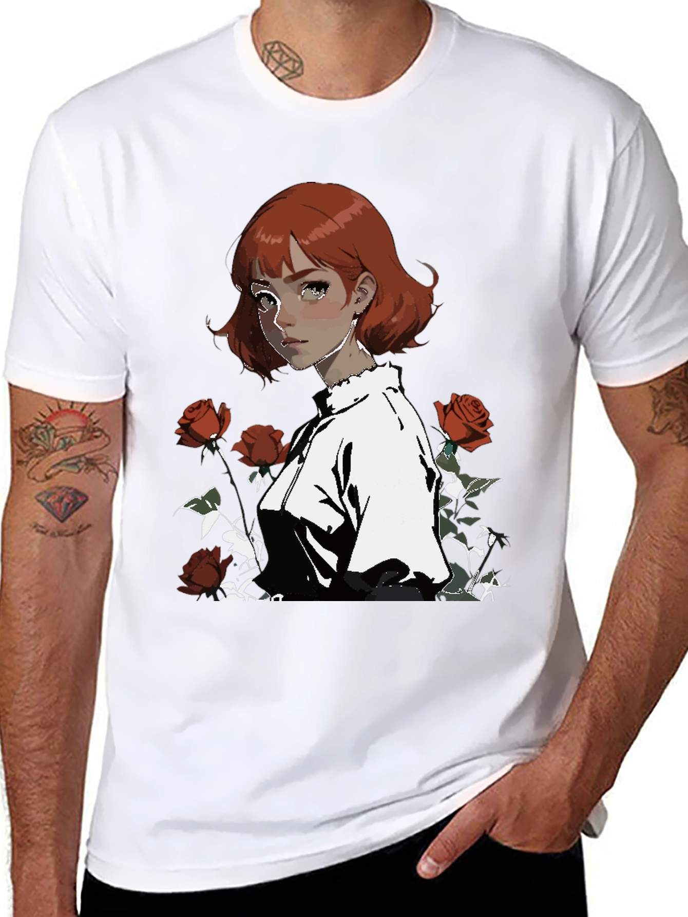 Anime Girl & Roses Graphic Black Tee