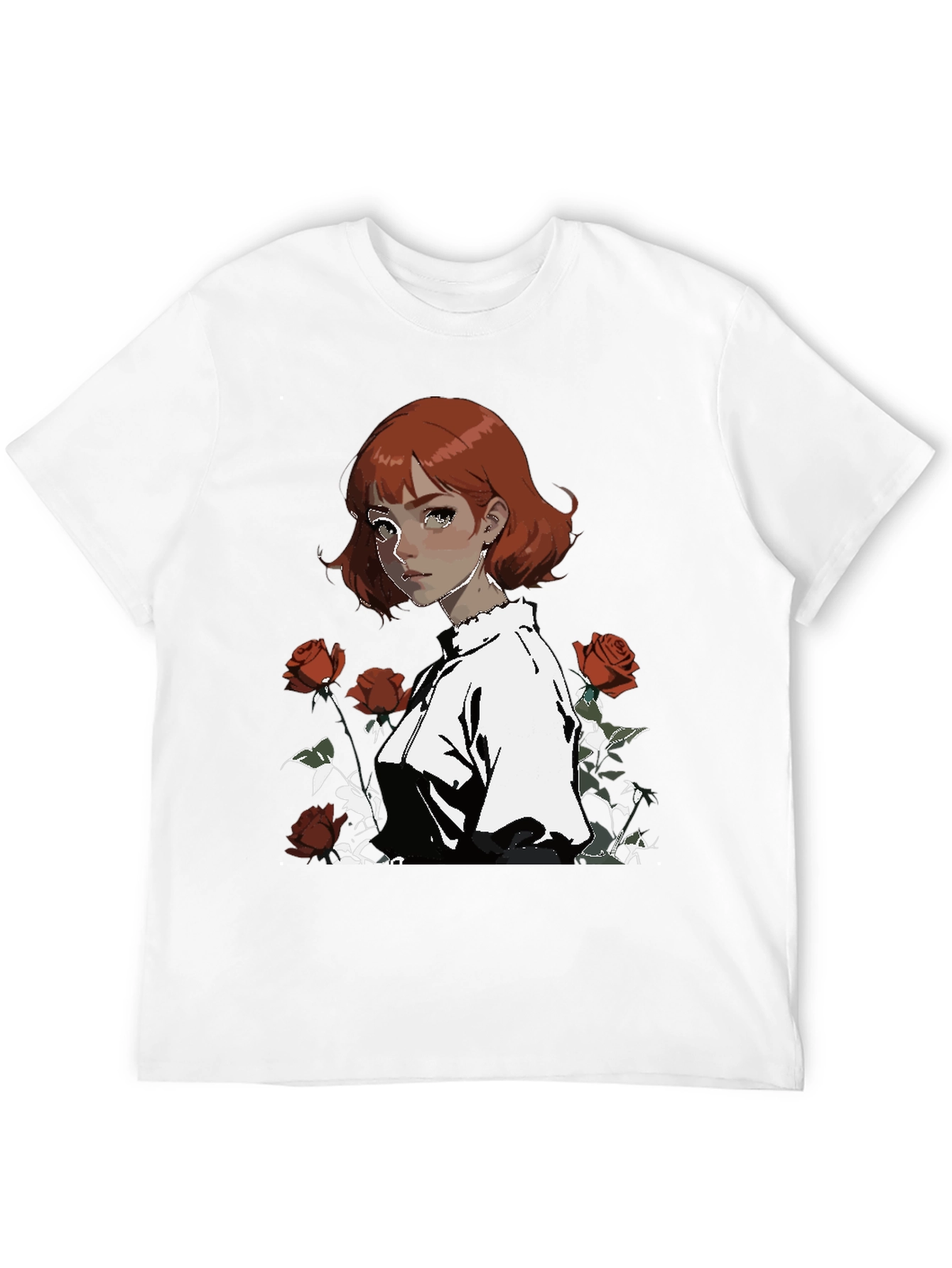 Anime Girl & Roses Graphic Black Tee