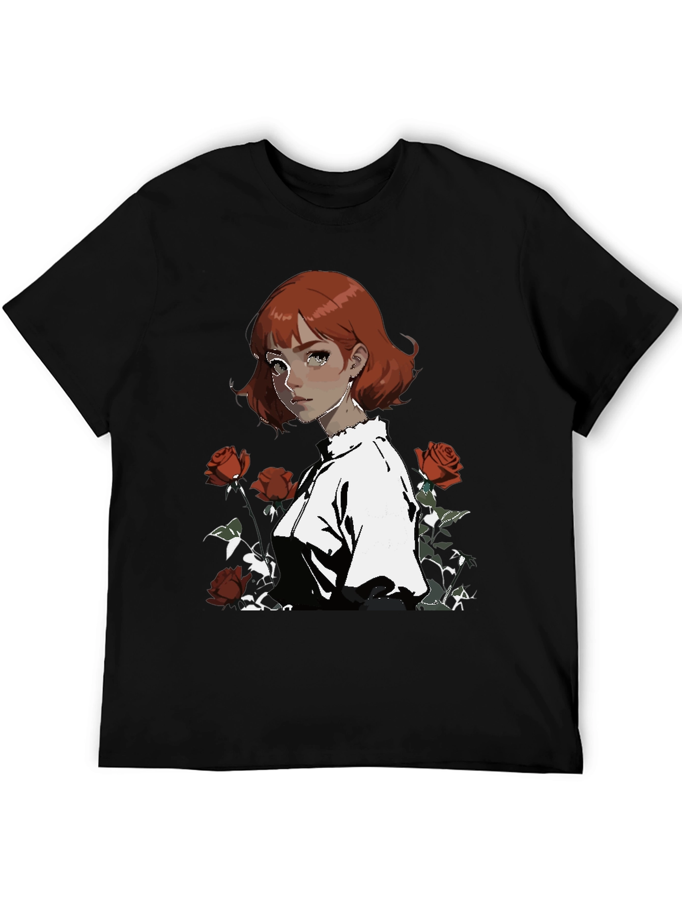 Anime Girl & Roses Graphic Black Tee