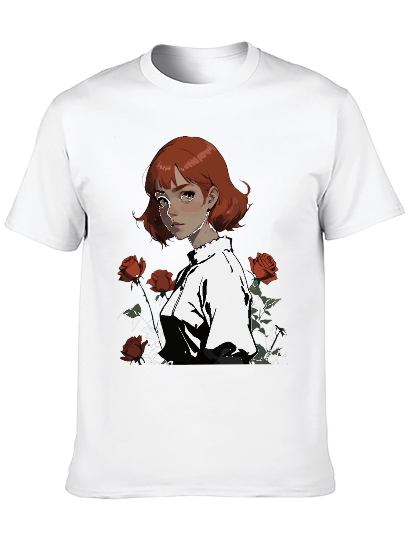 Anime Girl & Roses Graphic Black Tee