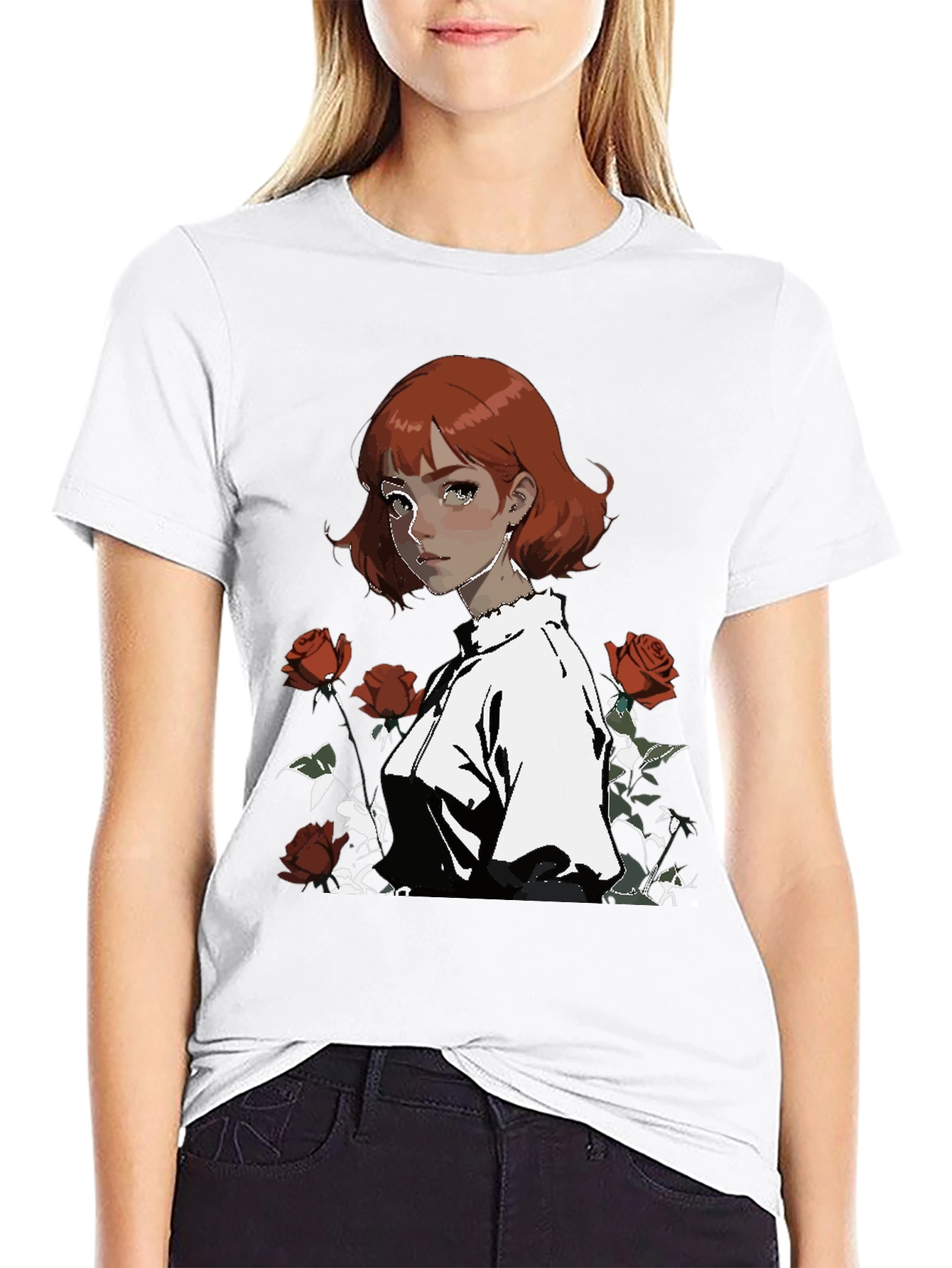 Anime Girl & Roses Graphic Black Tee