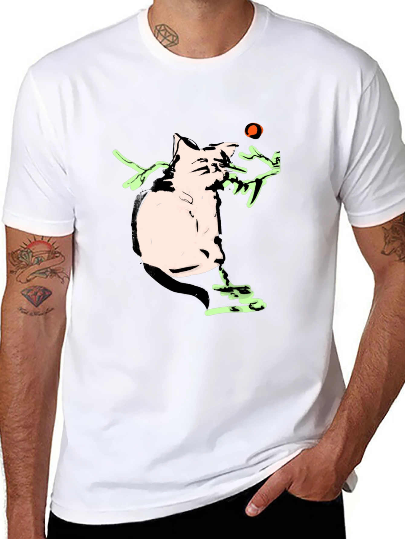 Cartoon Cat Playing With a Ball Black T-Shirt