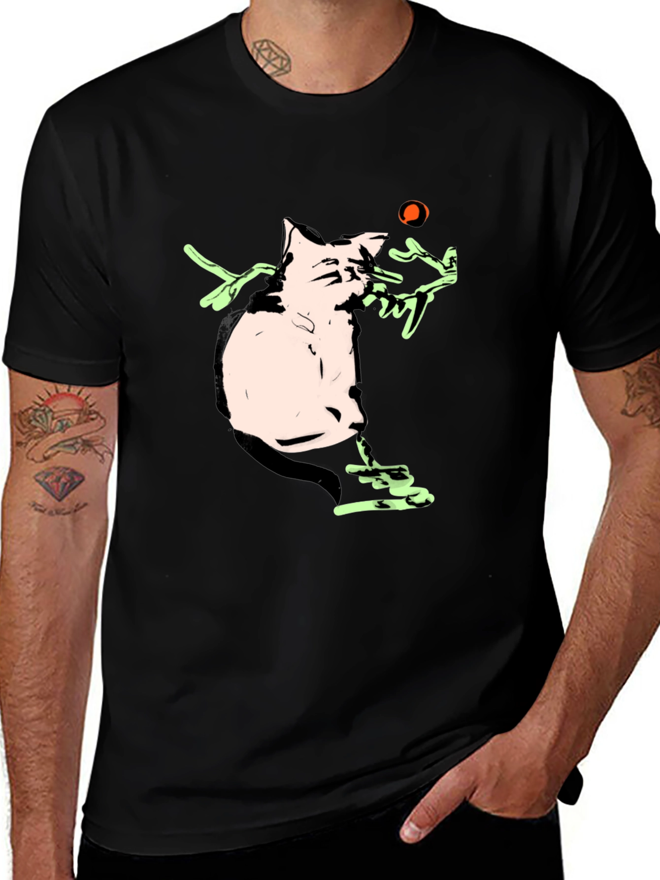 Cartoon Cat Playing With a Ball Black T-Shirt