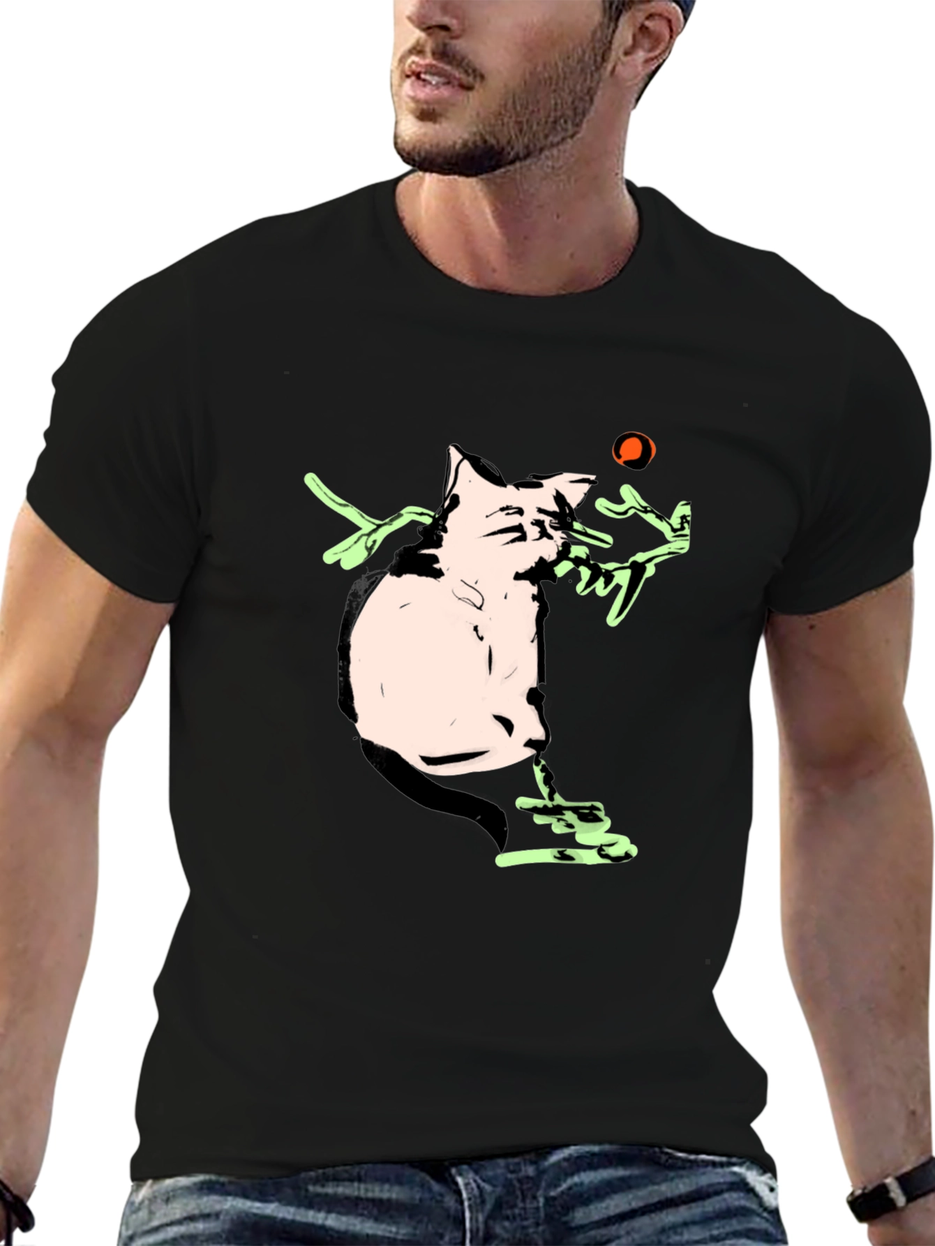 Cartoon Cat Playing With a Ball Black T-Shirt