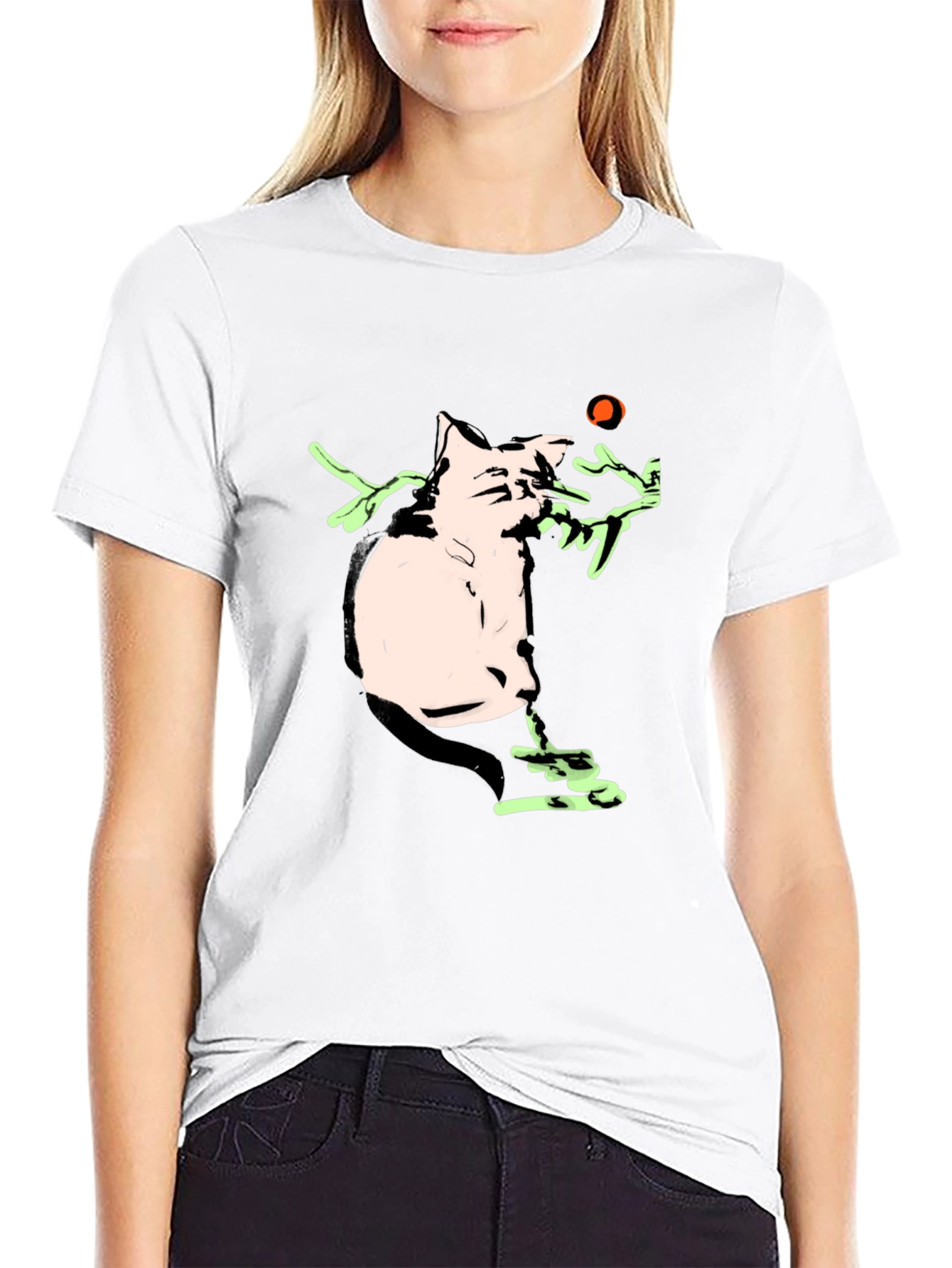 Cartoon Cat Playing With a Ball Black T-Shirt