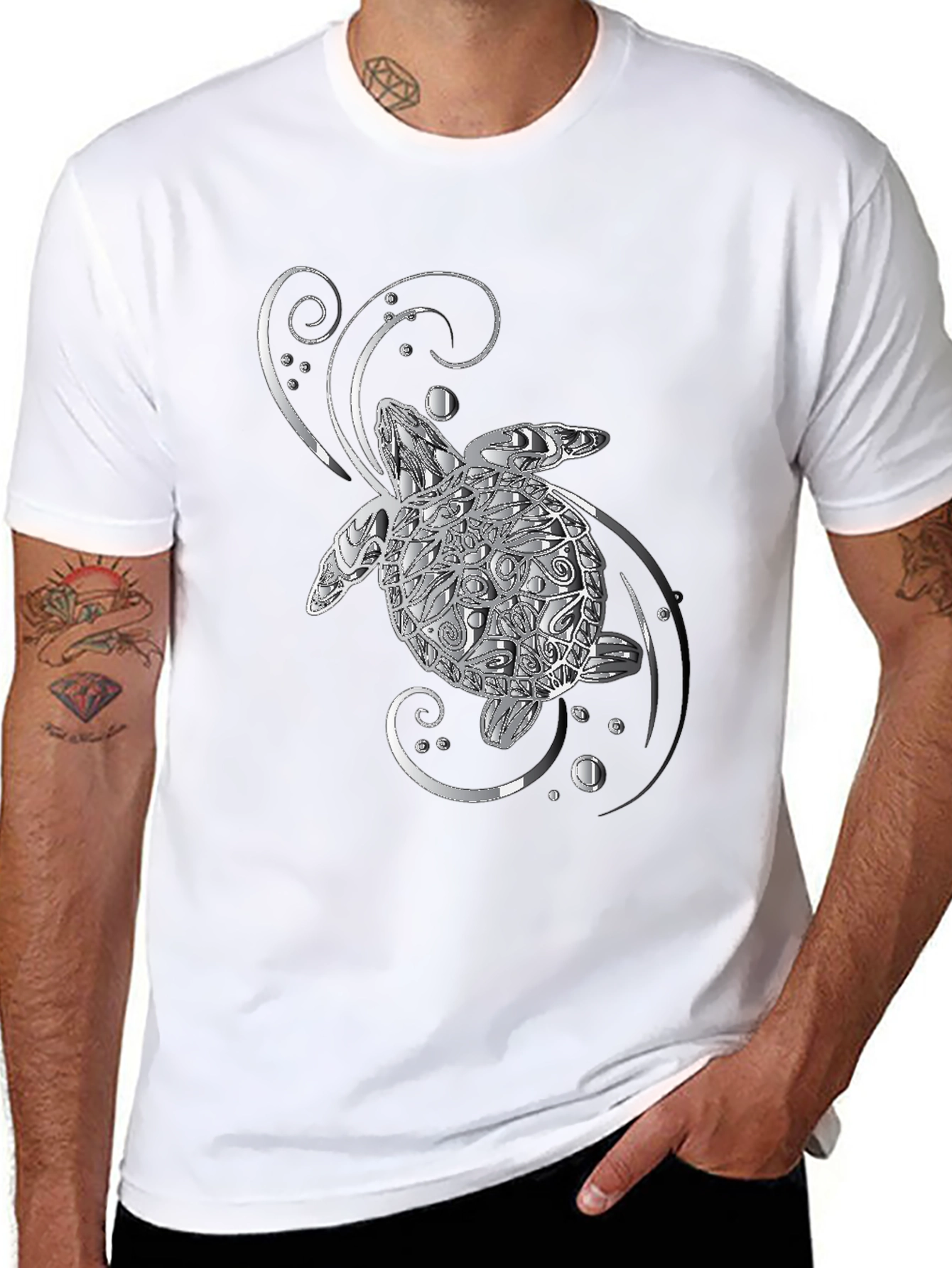Sea Turtle Graphic T-Shirt - Silver Design on Black