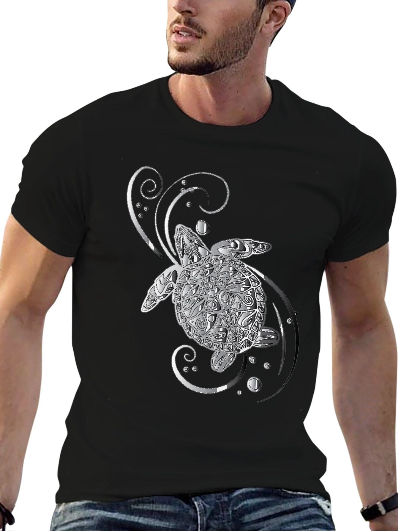 Sea Turtle Graphic T-Shirt - Silver Design on Black