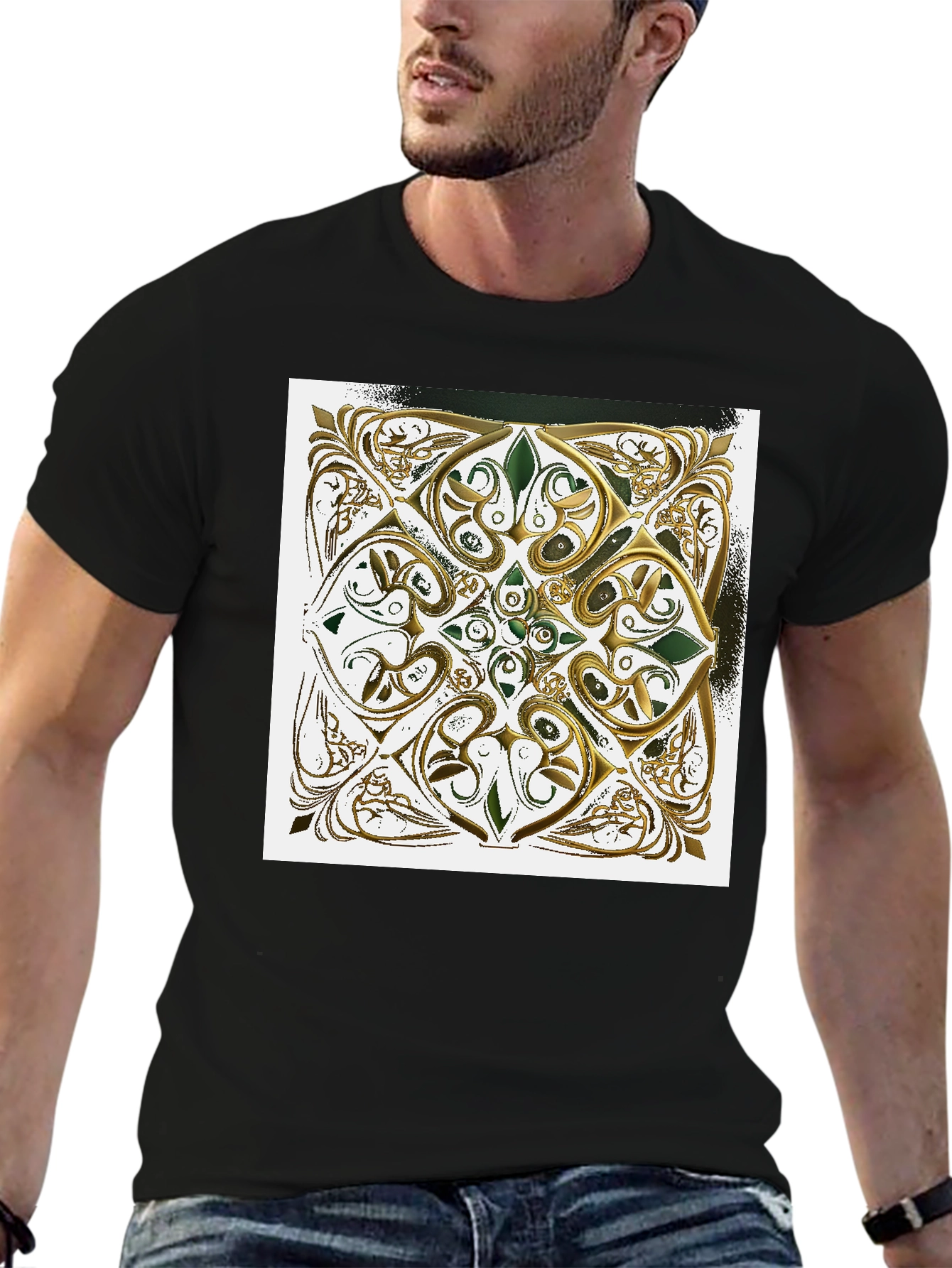Ornate Gold & Green Design Black T-Shirt