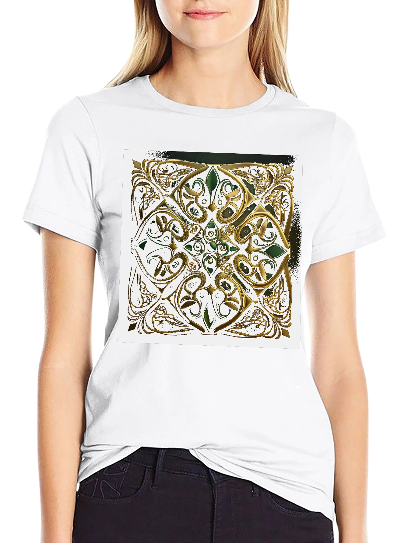 Ornate Gold & Green Design Black T-Shirt