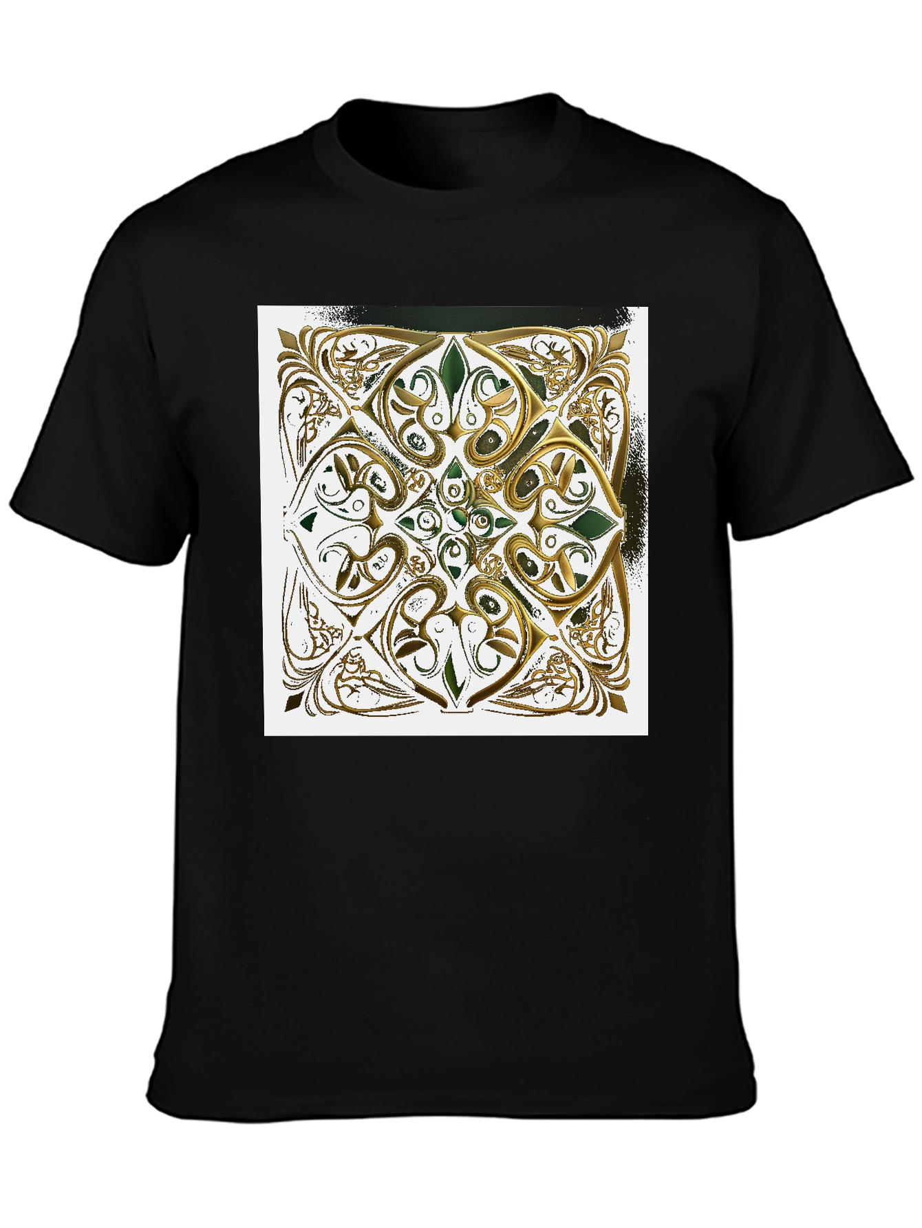 Ornate Gold & Green Design Black T-Shirt