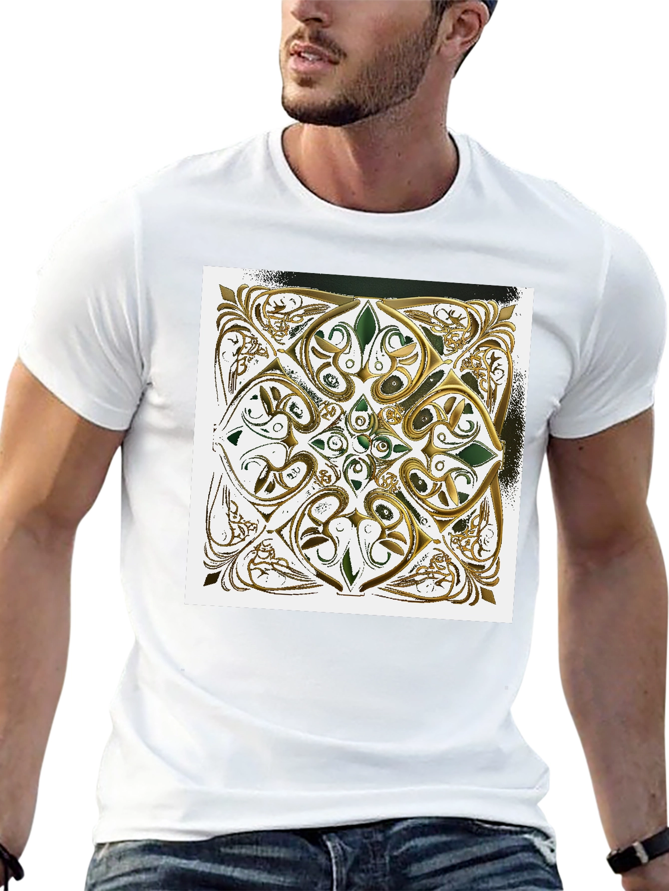 Ornate Gold & Green Design Black T-Shirt