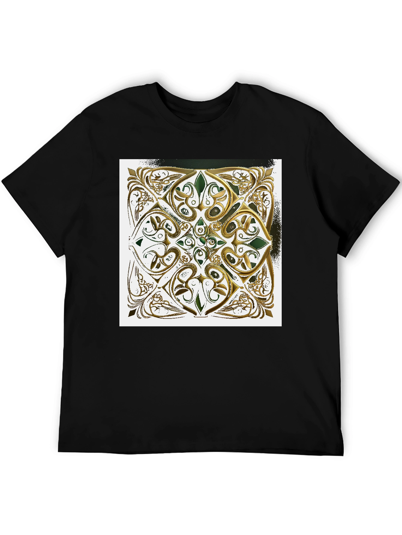 Ornate Gold & Green Design Black T-Shirt