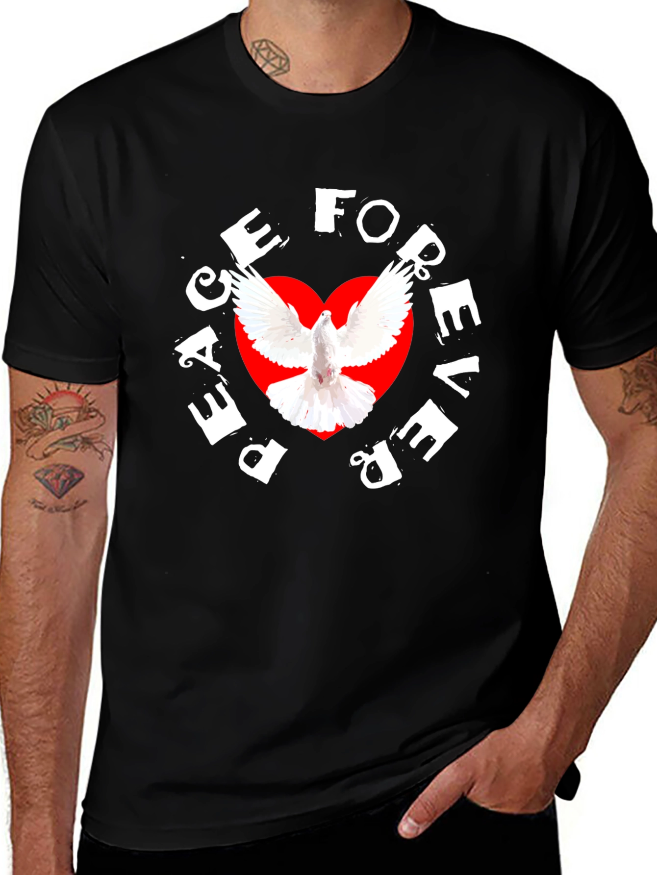 Peace Forever Black T-Shirt with Dove Graphic
