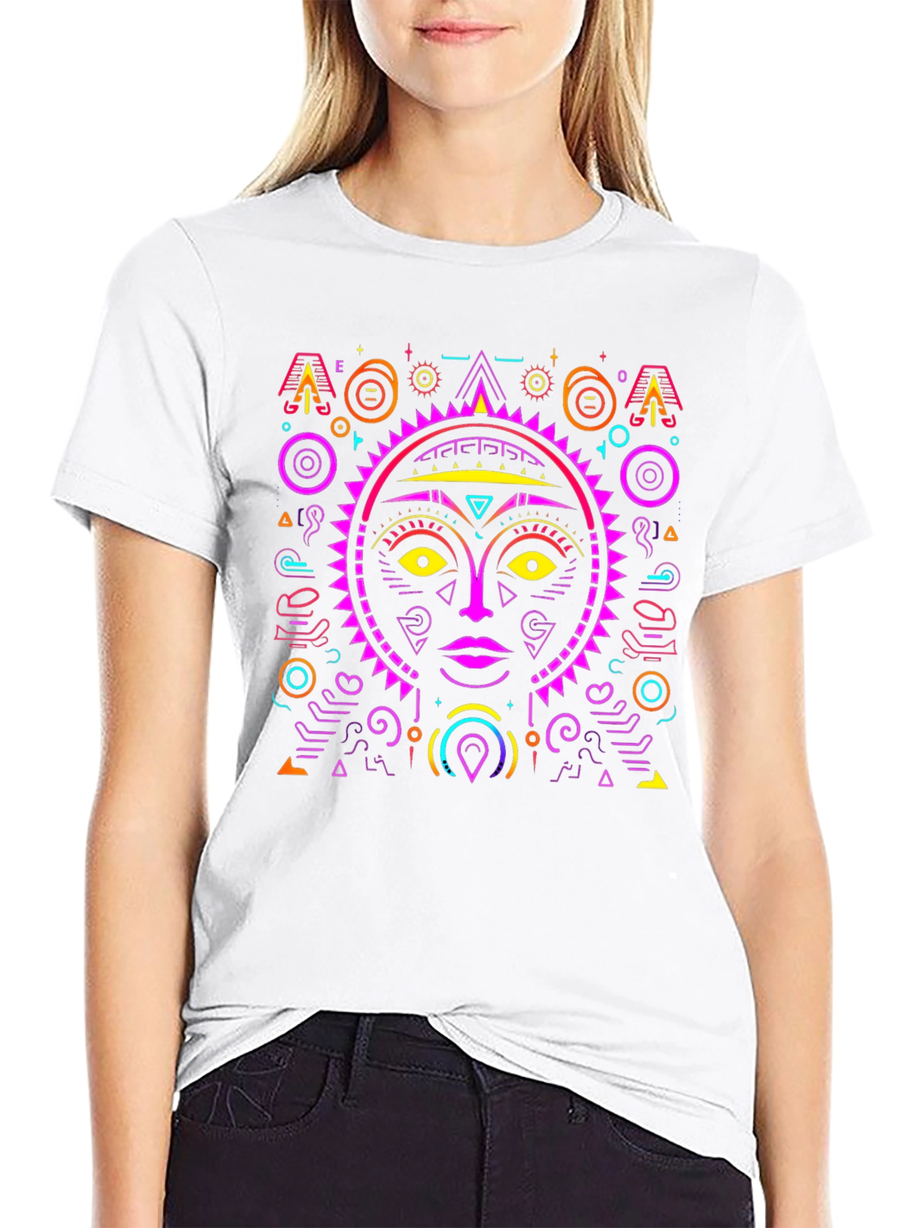 Abstract Sun Face Graphic Tee - Stylish & Unique