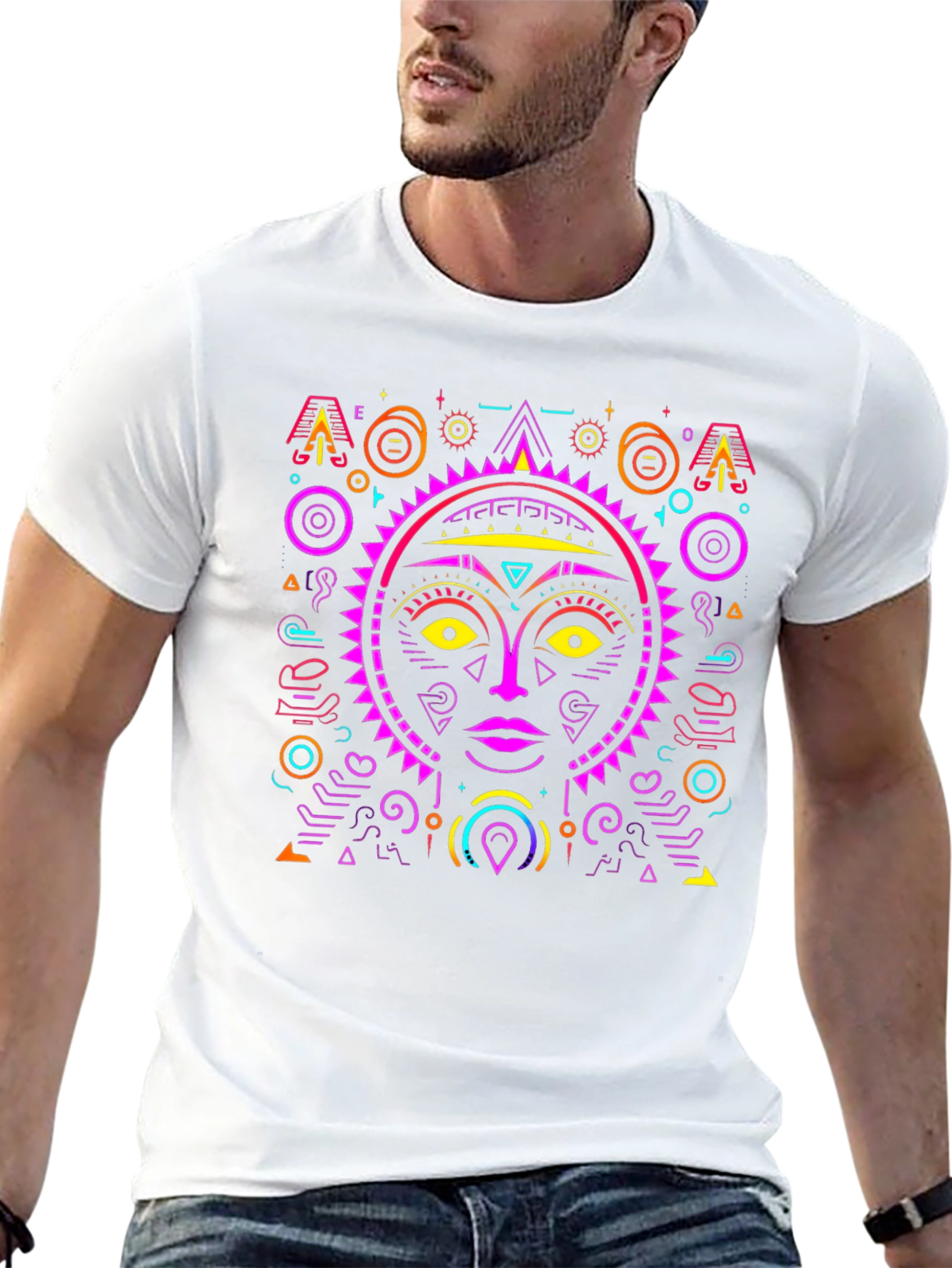 Abstract Sun Face Graphic Tee - Stylish & Unique