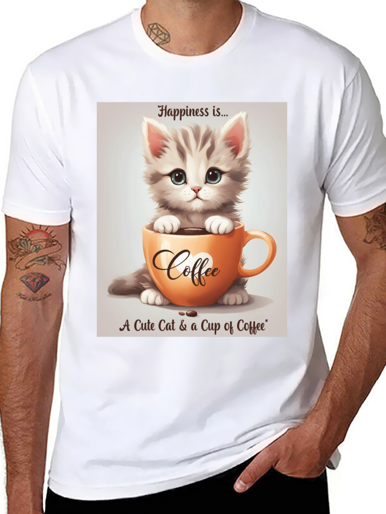 Cute Kitten and Coffee T-Shirt - Happiness Is...