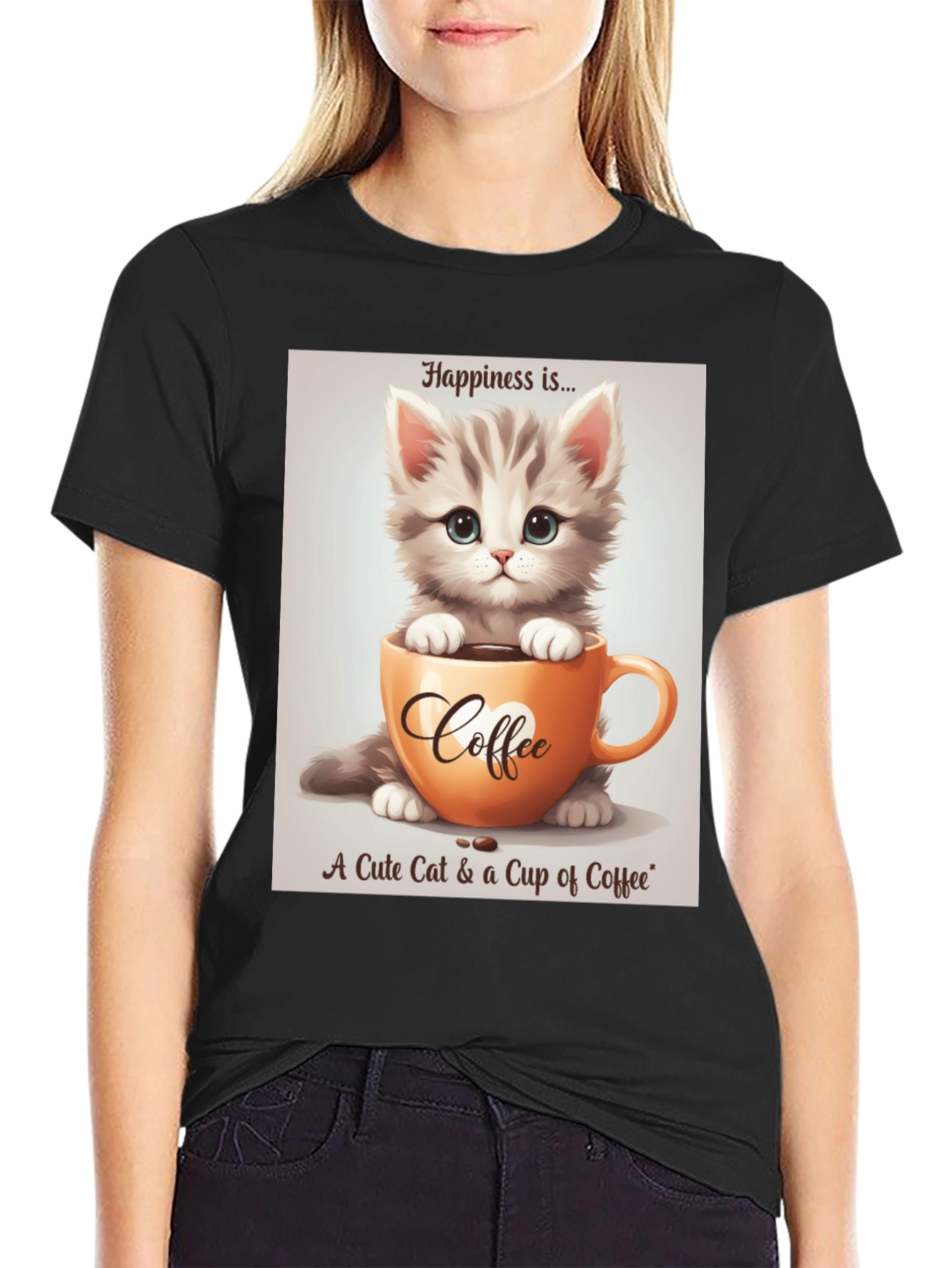 Cute Kitten and Coffee T-Shirt - Happiness Is...