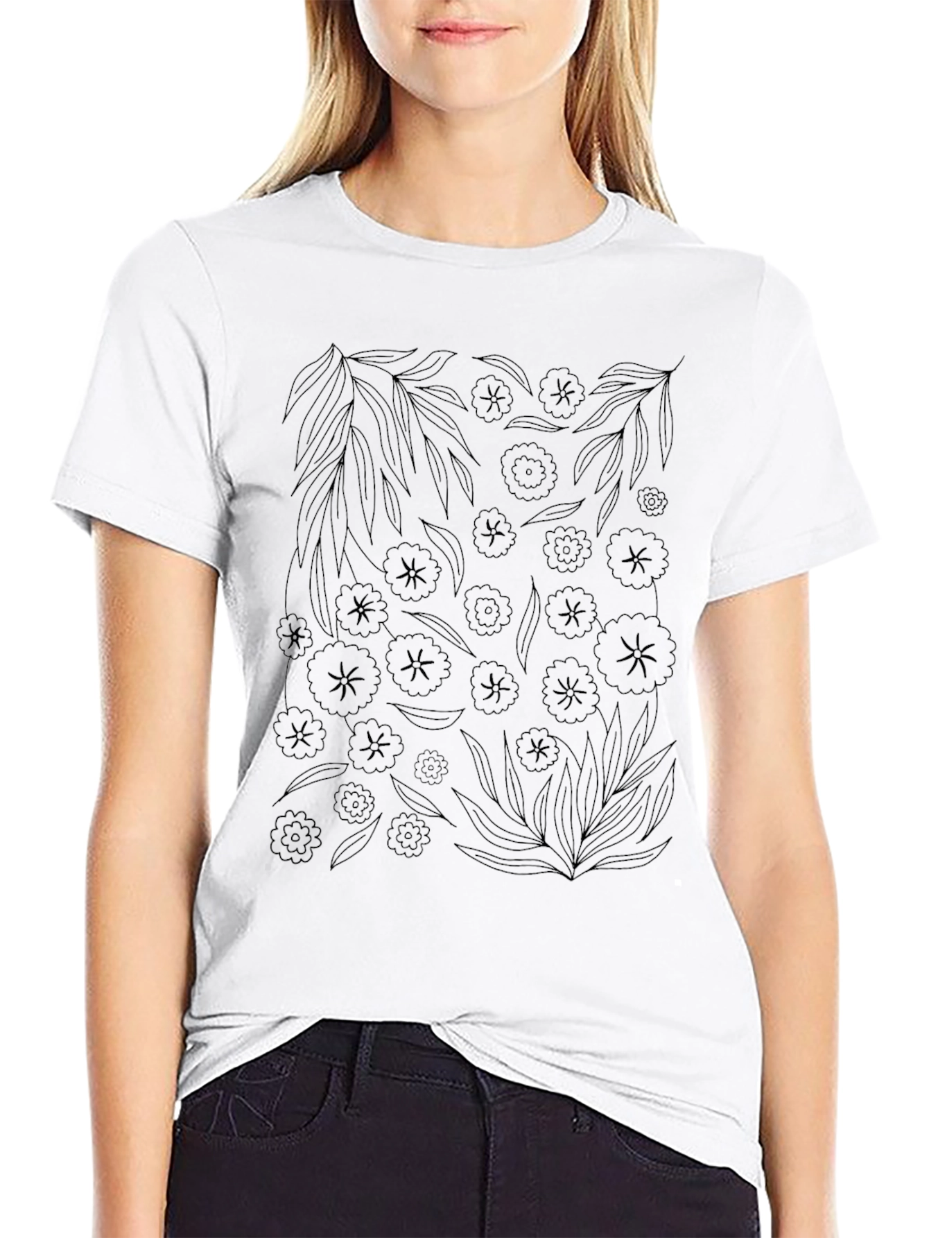 Floral Print Black Crew Neck T-Shirt
