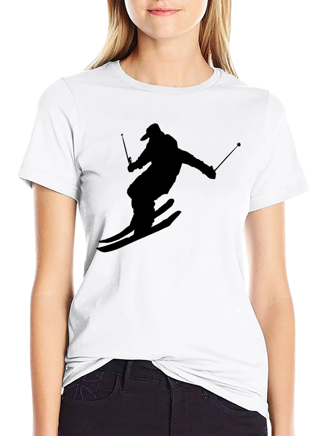 Skiing Silhouette Graphic Tee - Black Cotton T-Shirt