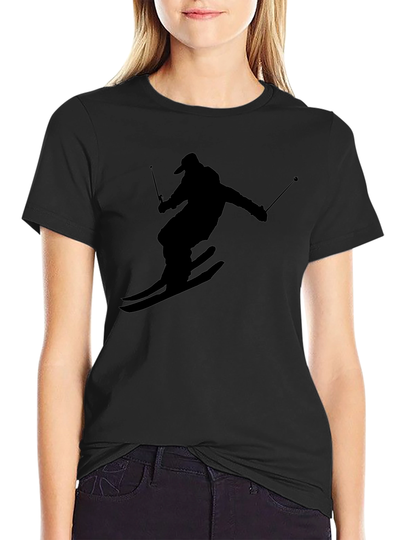 Skiing Silhouette Graphic Tee - Black Cotton T-Shirt