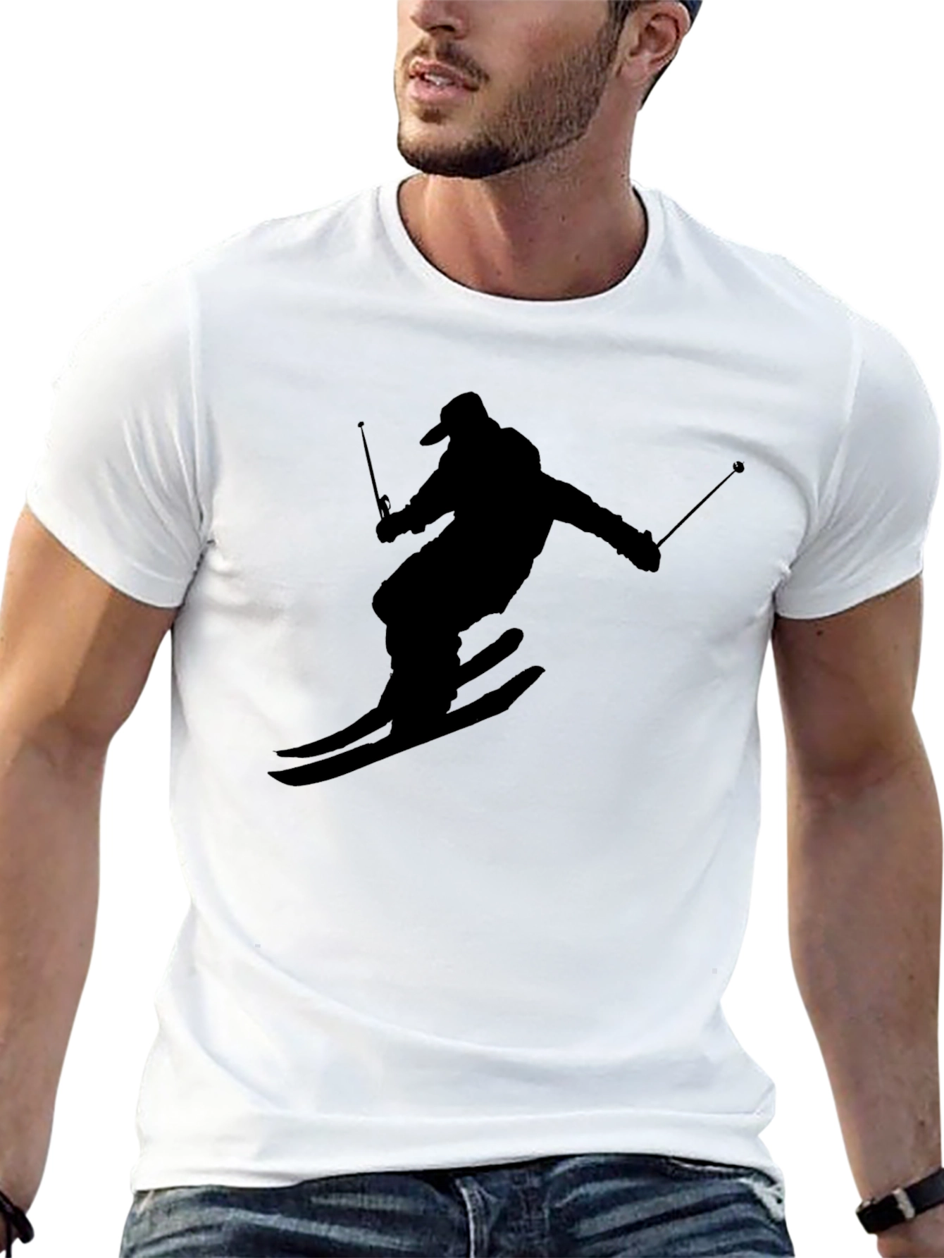 Skiing Silhouette Graphic Tee - Black Cotton T-Shirt