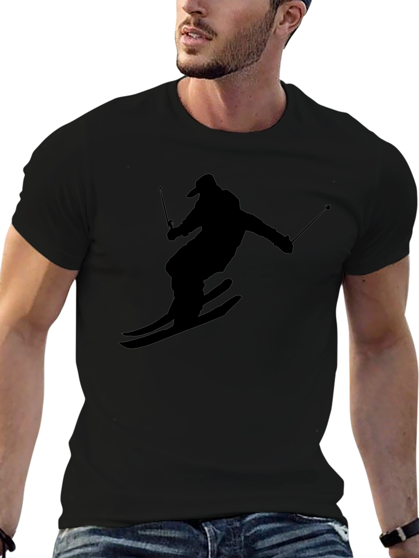 Skiing Silhouette Graphic Tee - Black Cotton T-Shirt