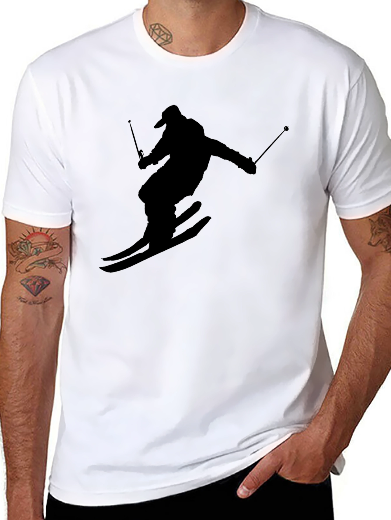 Skiing Silhouette Graphic Tee - Black Cotton T-Shirt