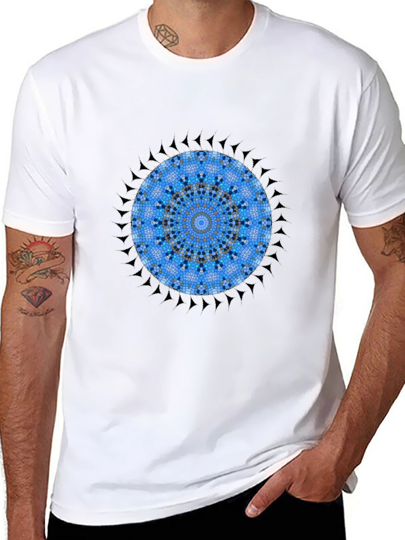 Blue Mosaic Mandala Graphic Black T-Shirt