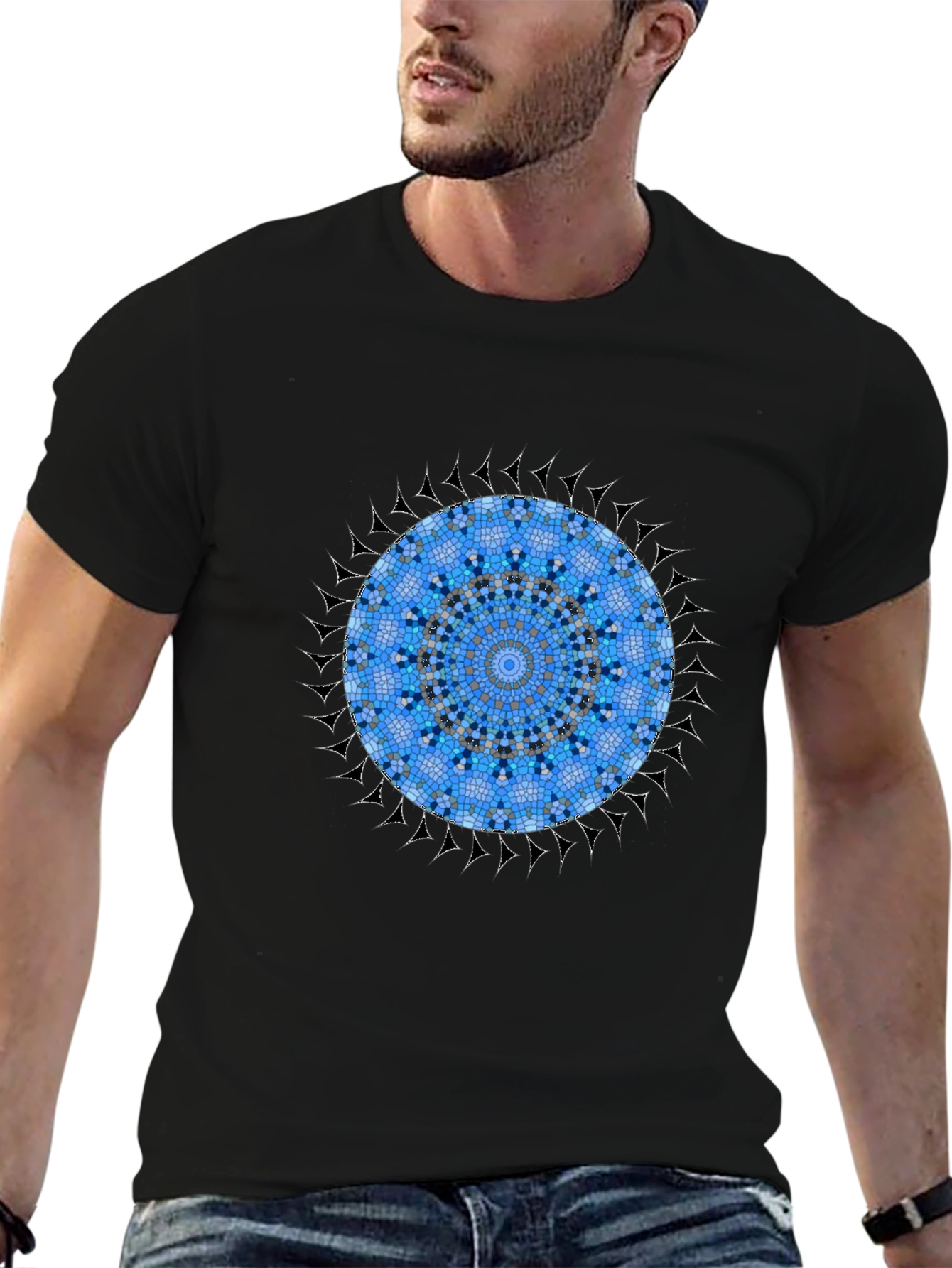 Blue Mosaic Mandala Graphic Black T-Shirt