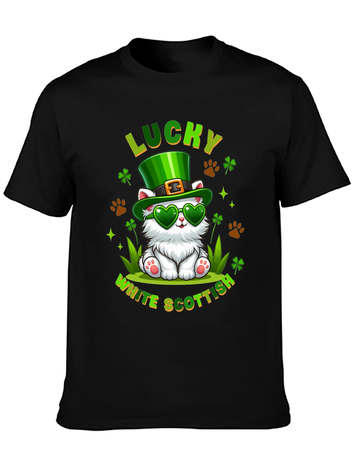 Lucky White Scottish Cat St. Patricks Day T-Shirt