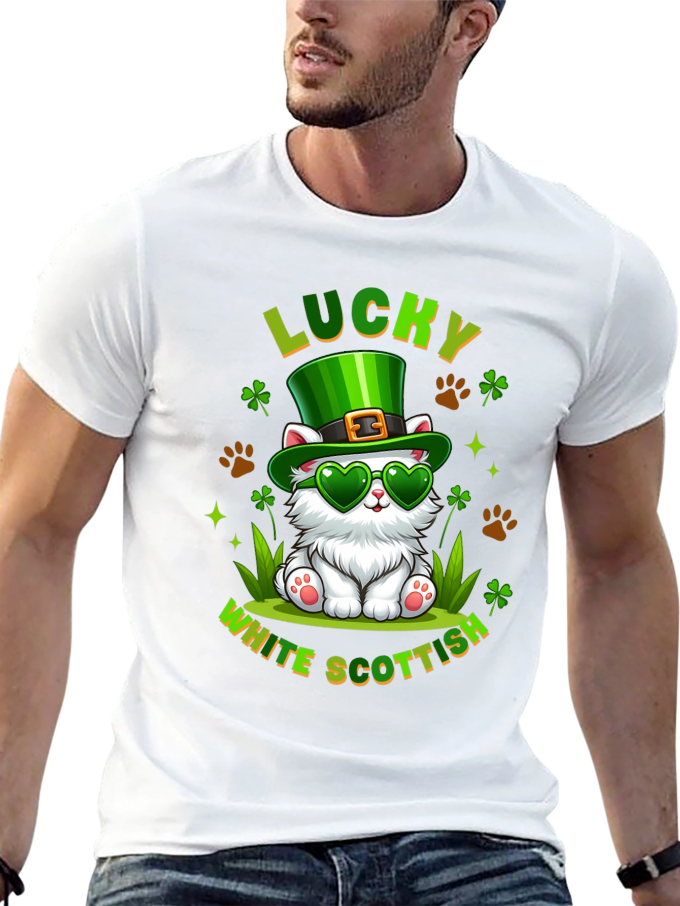Lucky White Scottish Cat St. Patricks Day T-Shirt