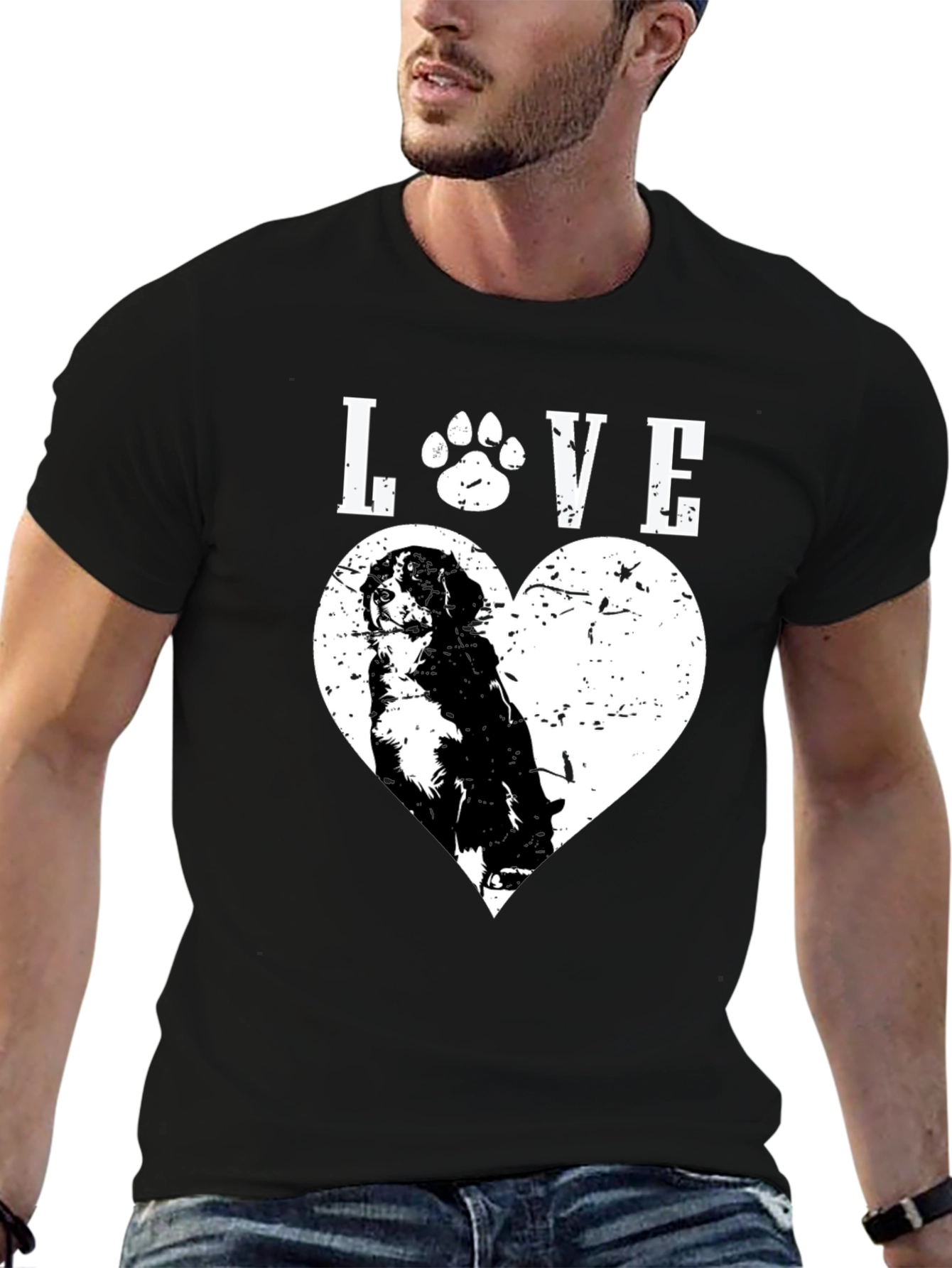 Dog Lover Black T-Shirt - Paw Print Heart Design