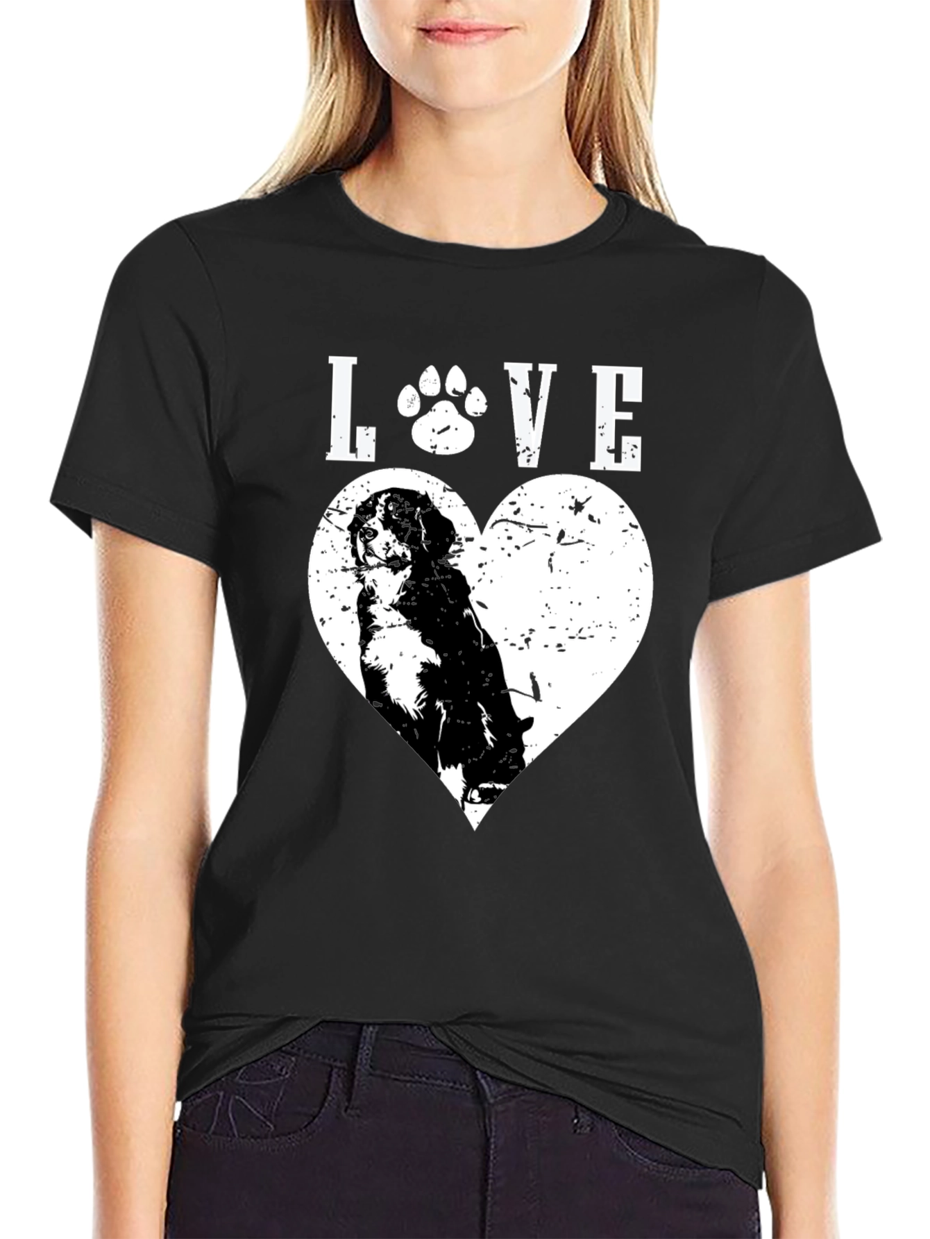 Dog Lover Black T-Shirt - Paw Print Heart Design