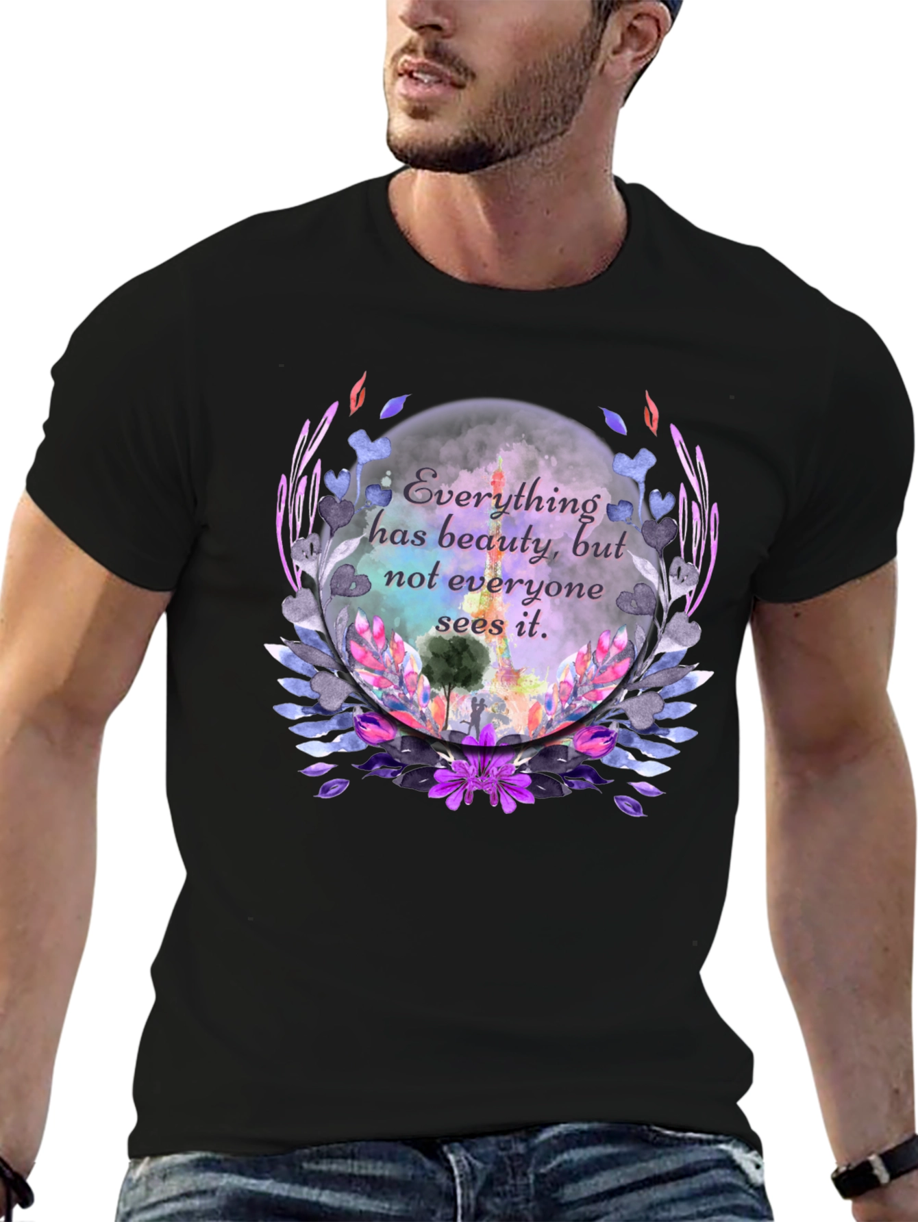 Beauty Quote Floral Graphic Black T-Shirt