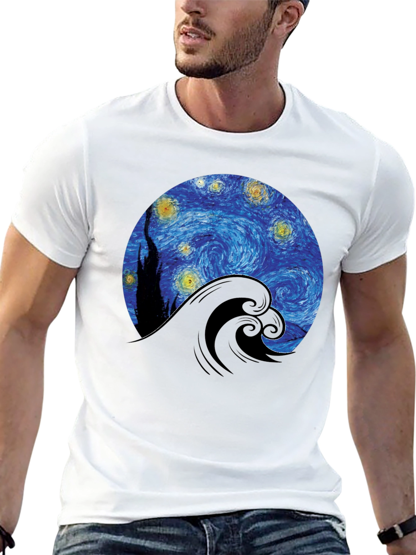 Starry Night Wave Graphic Tee - Artistic Black T-Shirt
