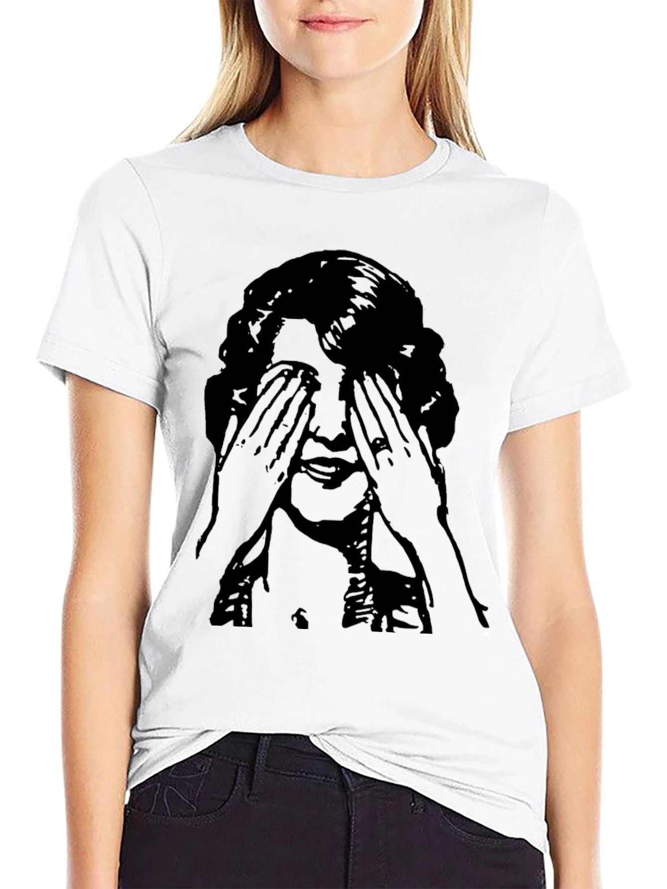 Black Graphic Tee - Woman Covering Eyes Print