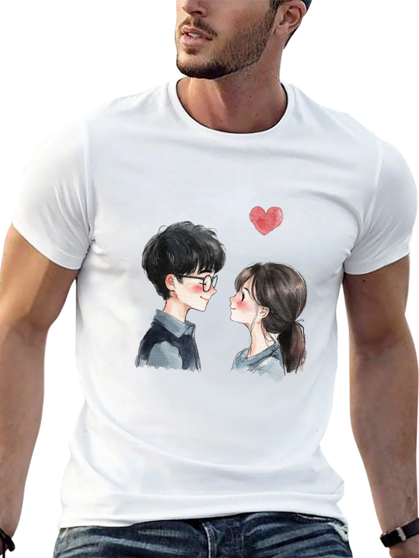 Cute Couple Graphic Tee - Black Casual T-Shirt