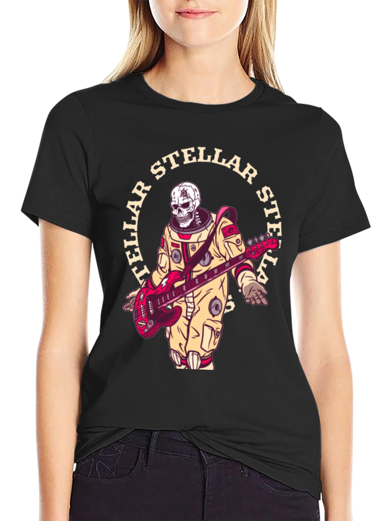 Stellar Skeleton Astronaut Guitarist Black T-Shirt
