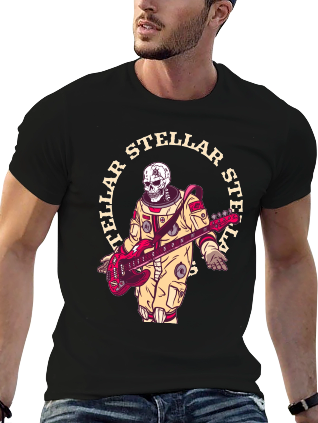 Stellar Skeleton Astronaut Guitarist Black T-Shirt