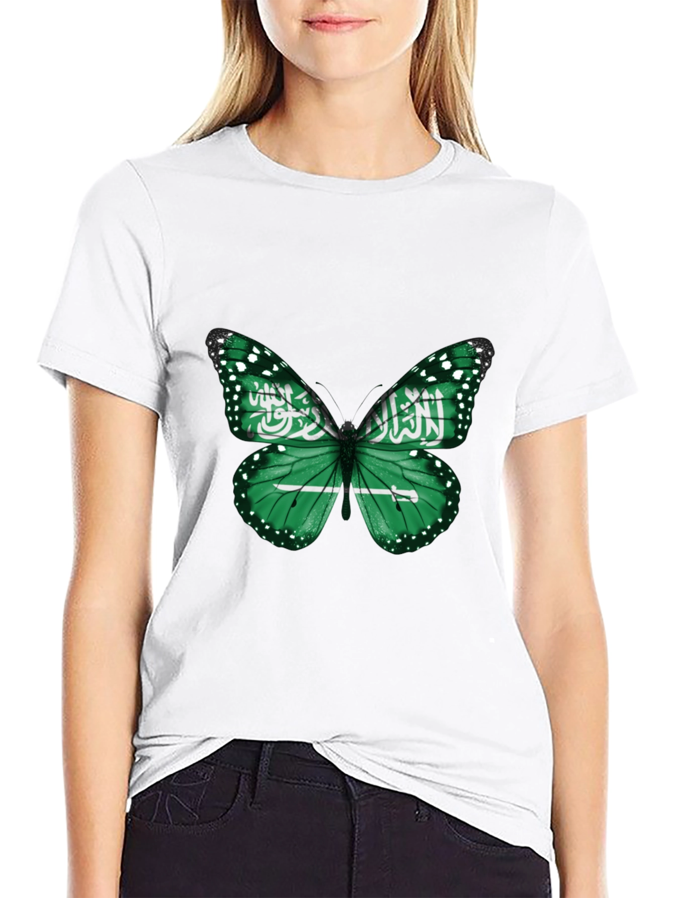 Saudi Arabia Flag Butterfly Black T-Shirt