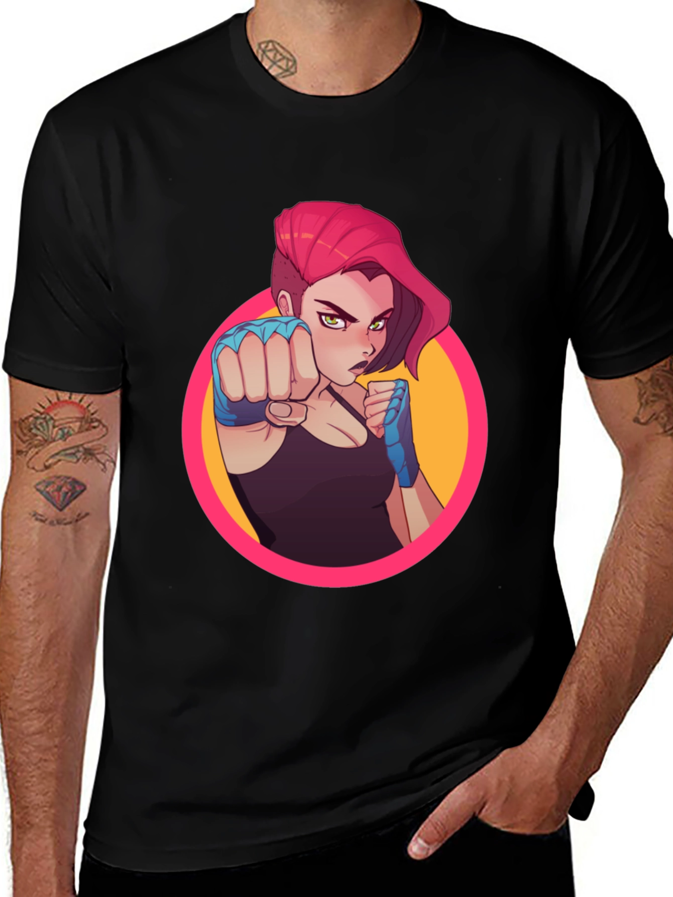 Fighter Girl Graphic Print Black T-Shirt