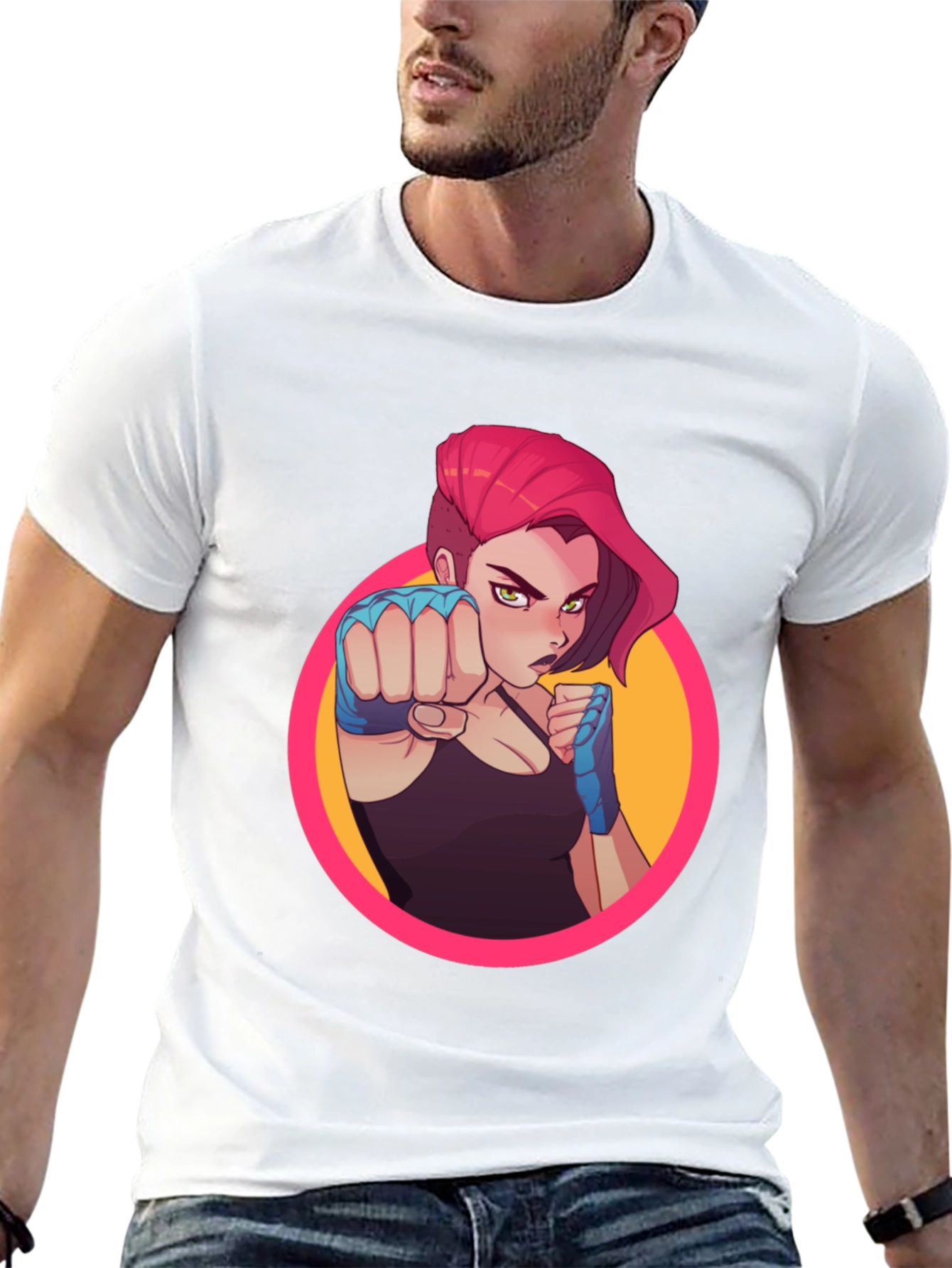 Fighter Girl Graphic Print Black T-Shirt