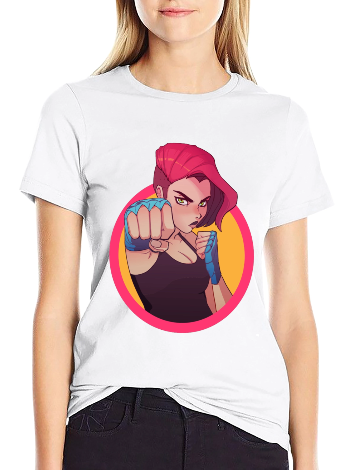 Fighter Girl Graphic Print Black T-Shirt