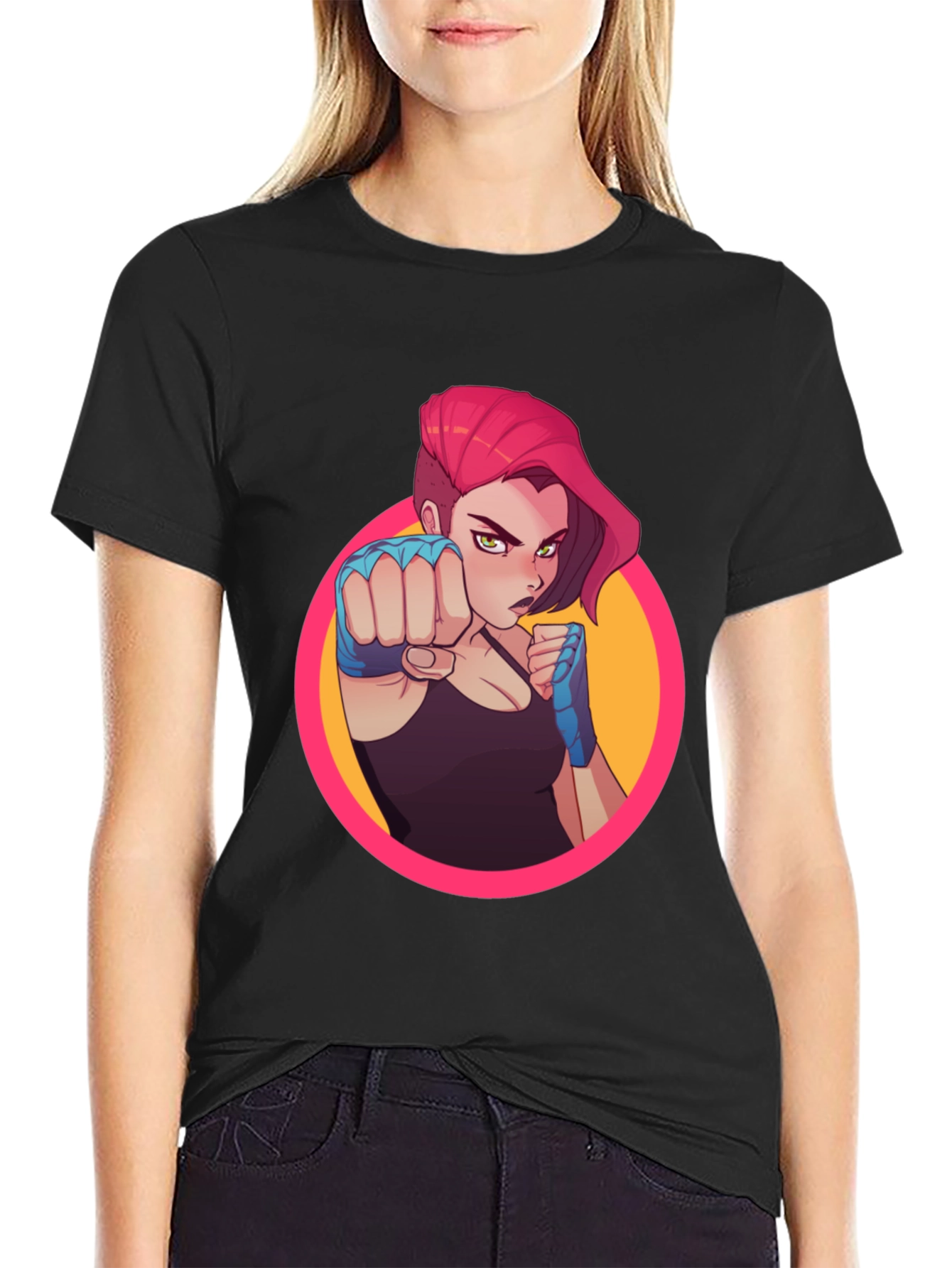 Fighter Girl Graphic Print Black T-Shirt