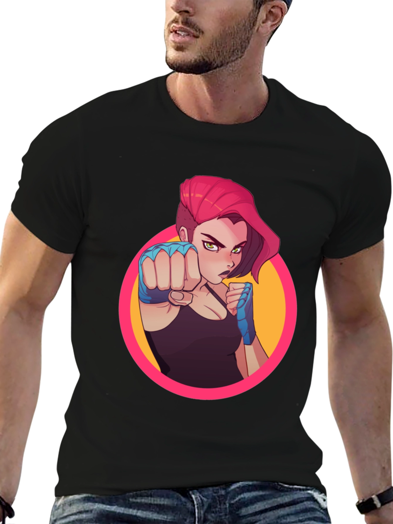 Fighter Girl Graphic Print Black T-Shirt