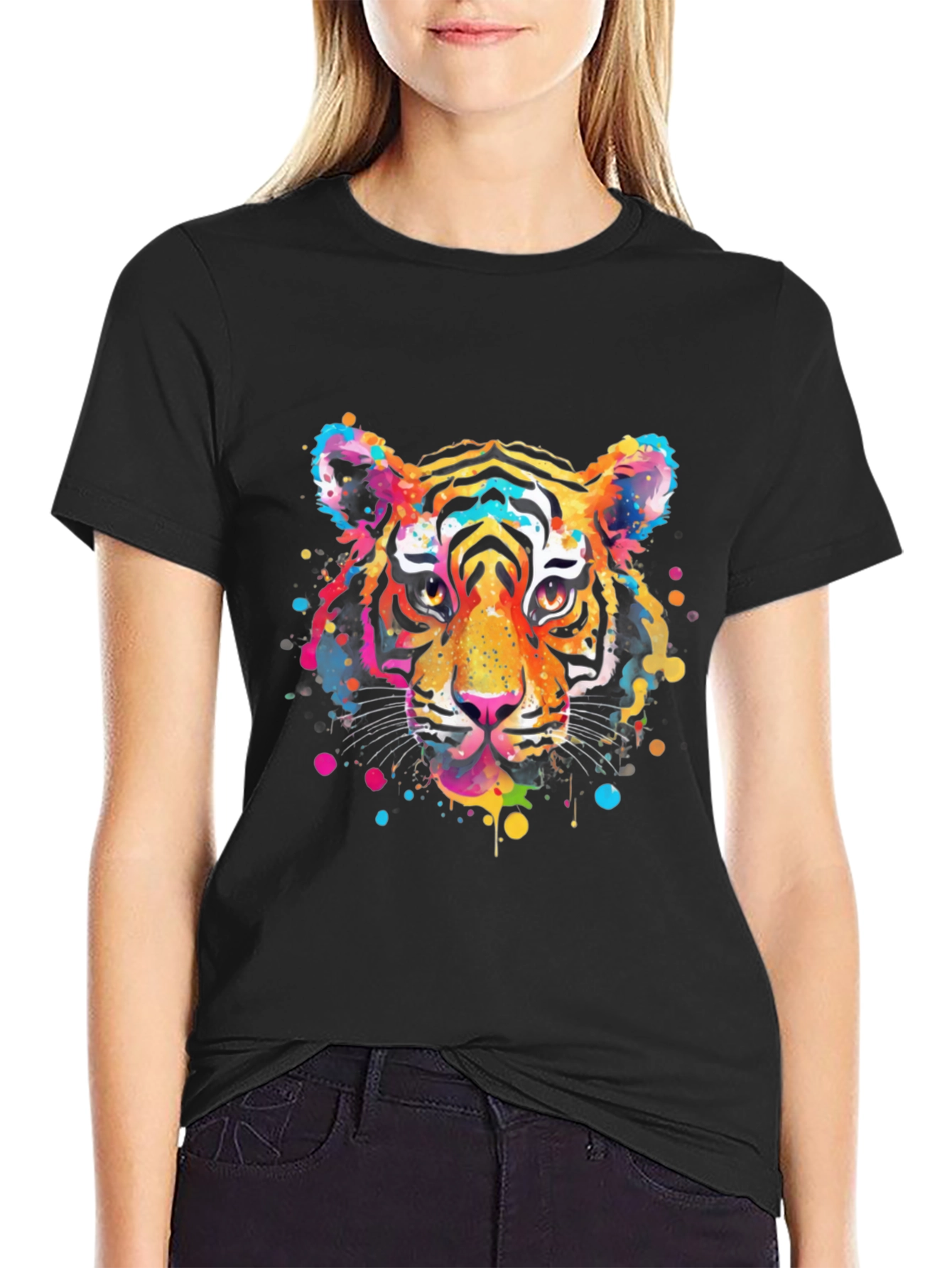 Vibrant Tiger Graphic Print Black T-Shirt
