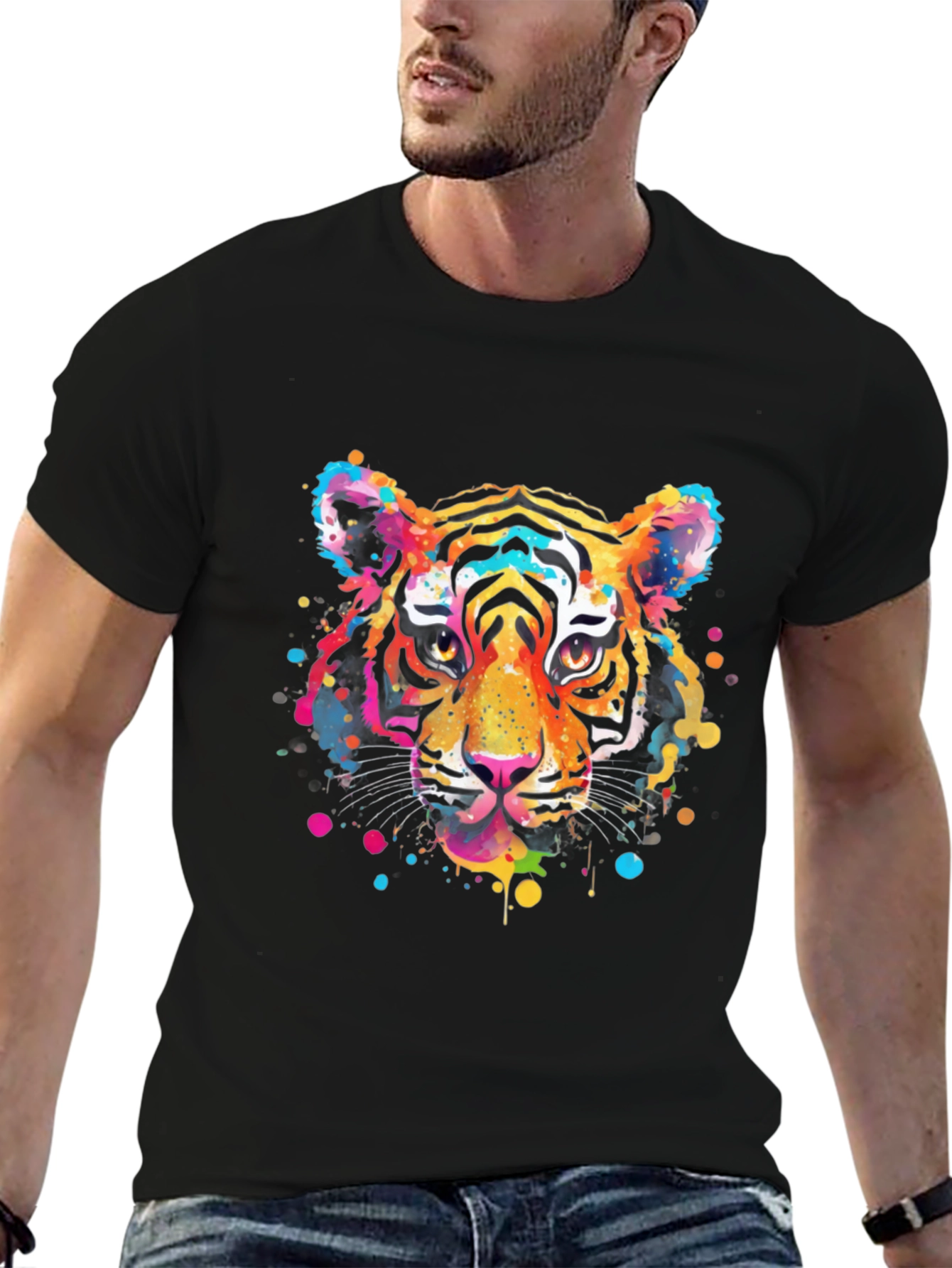 Vibrant Tiger Graphic Print Black T-Shirt