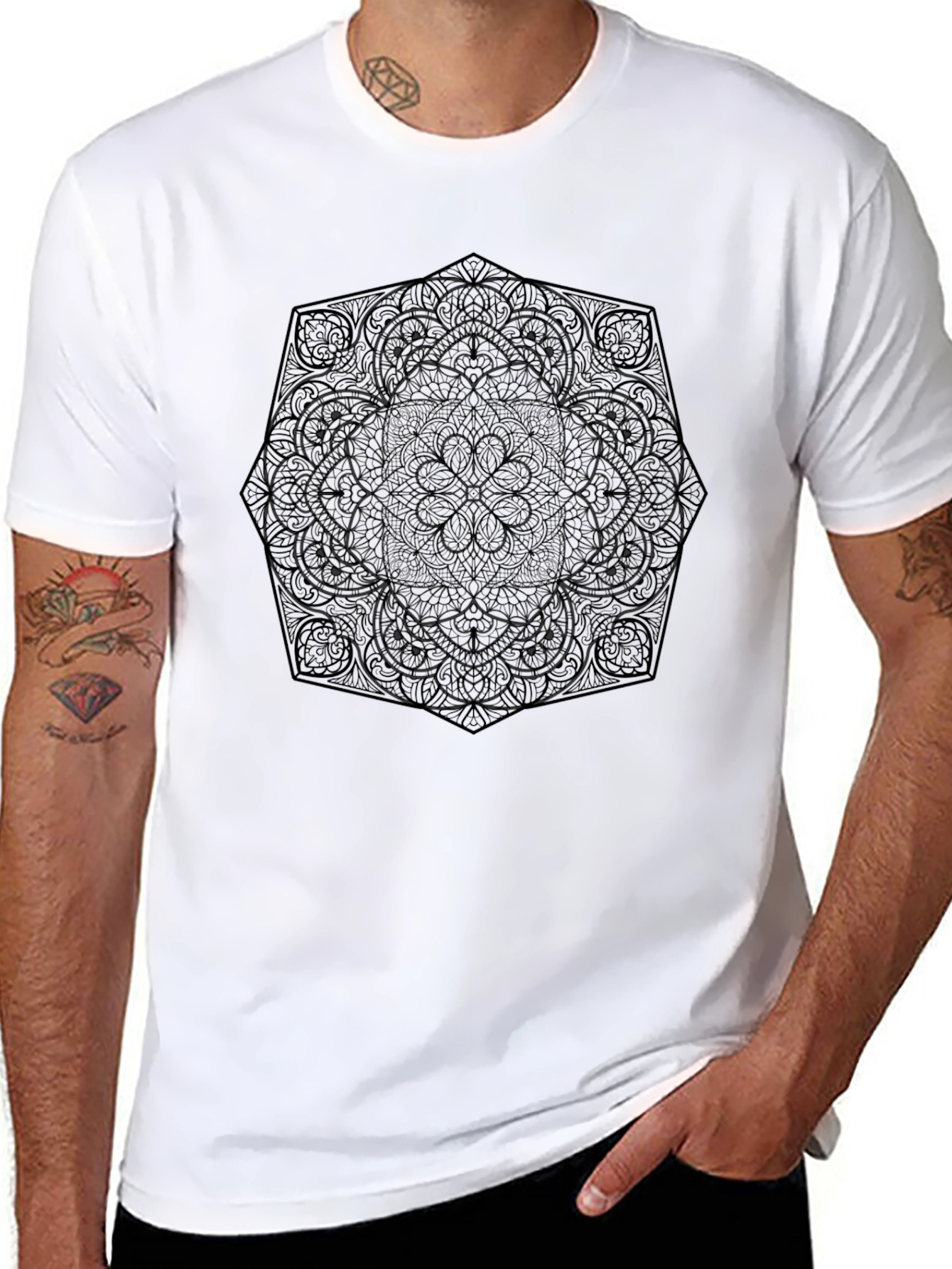 Black Mandala Print Mens T-Shirt